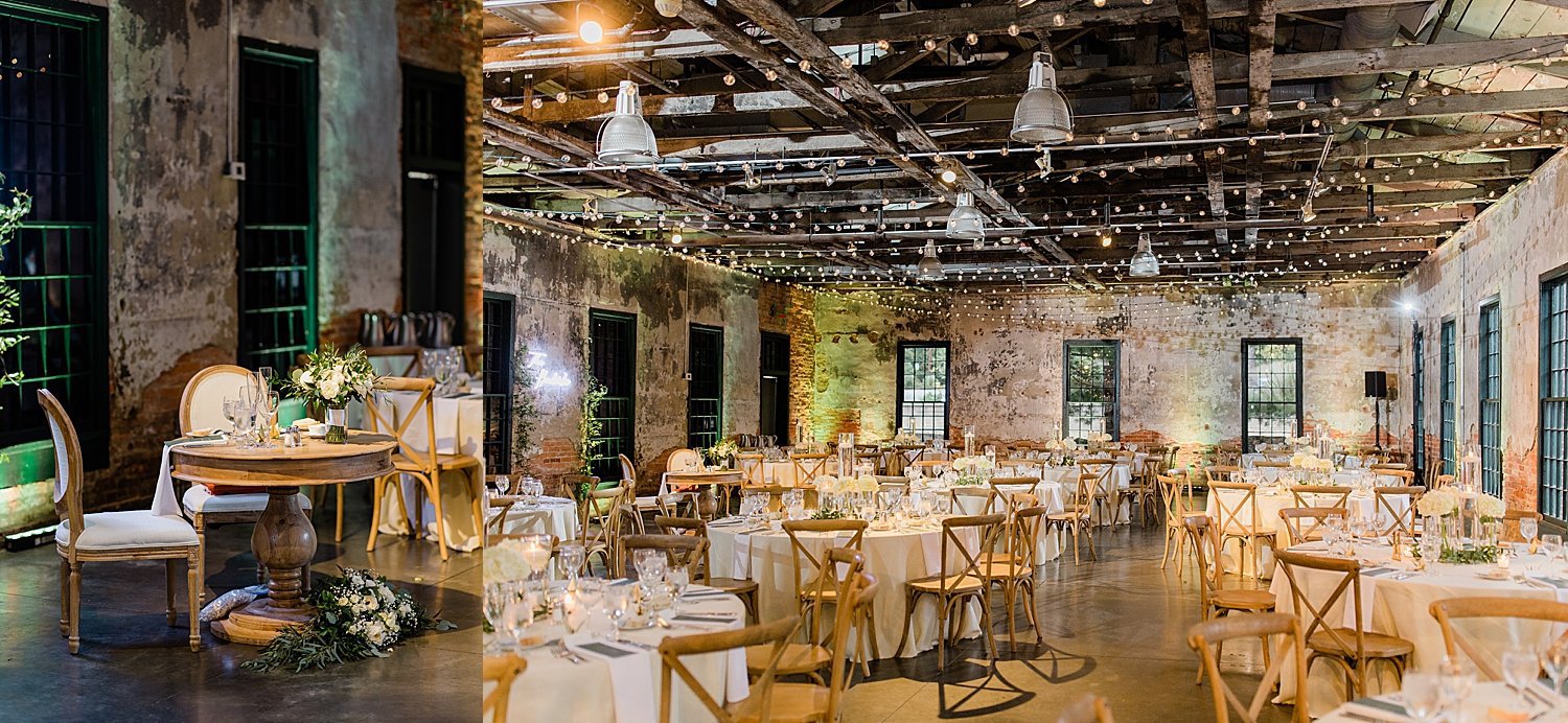 large reception space set up in warehouse vibe by Baltimore wedding photographer