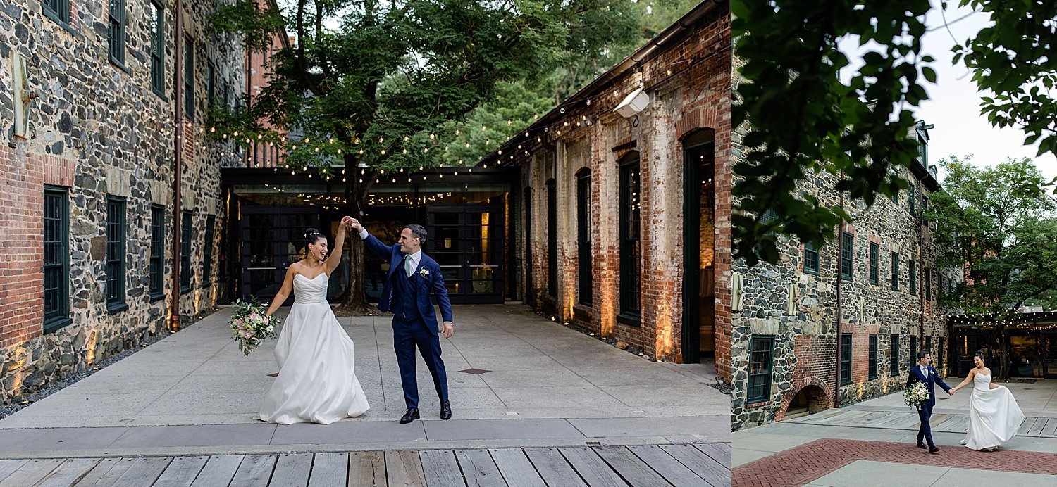 man spins new wife in courtyard by Jen Harvey Photography