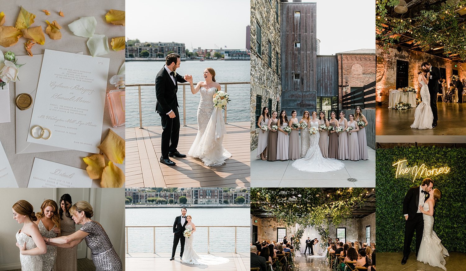 bride and groom stand by waterfront by Baltimore wedding photographer
