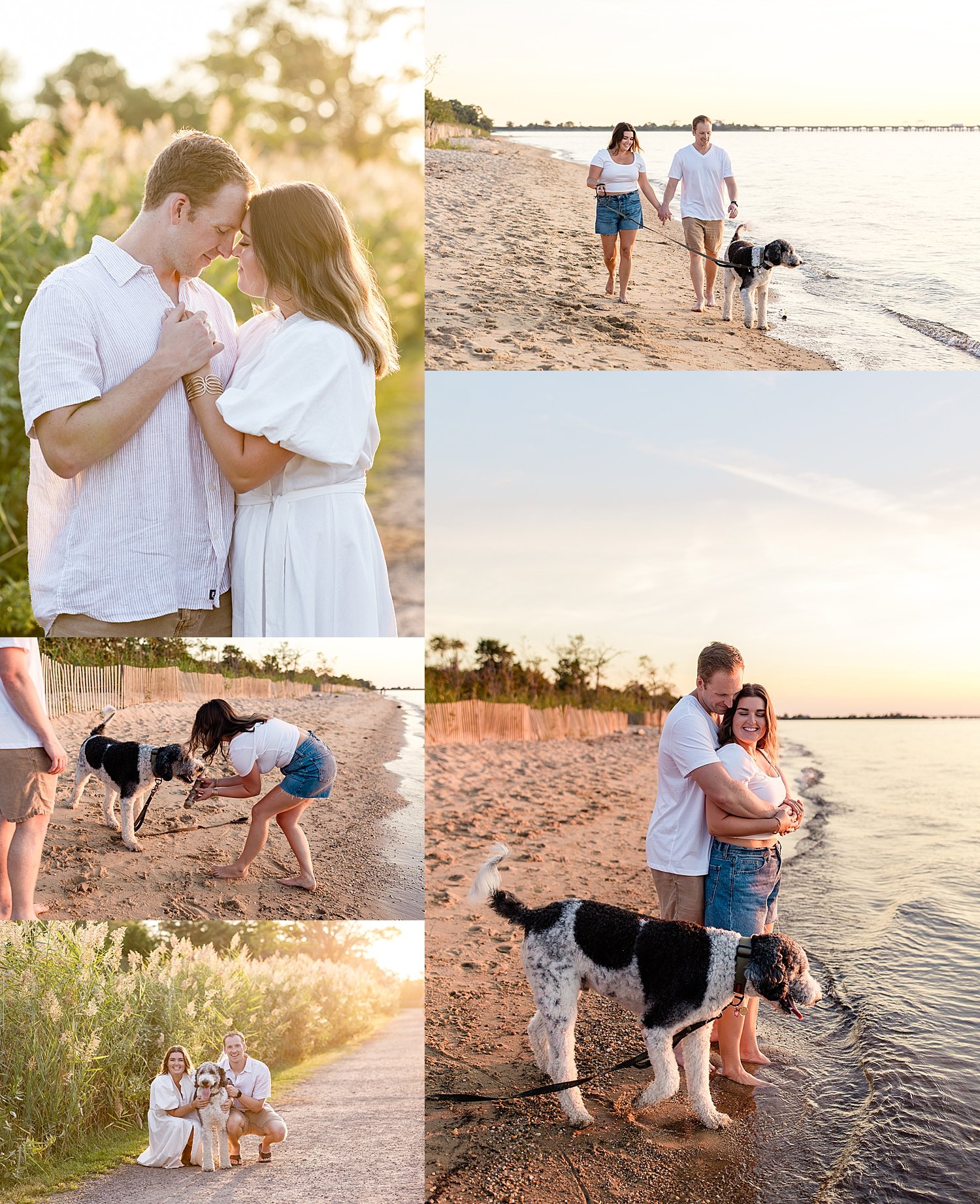 couple on beach with dog during golden hour after learning how to plan engagement session