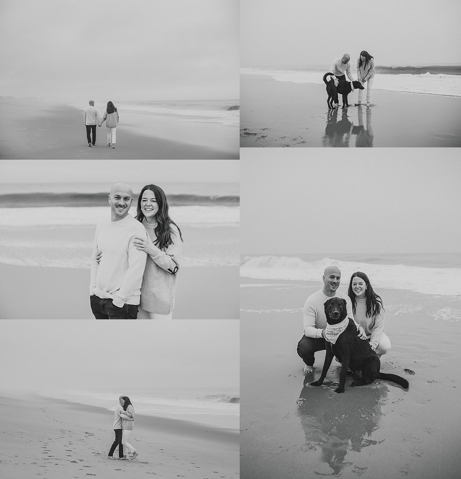 engaged couple kneels with dog on beach by Baltimore wedding photographer