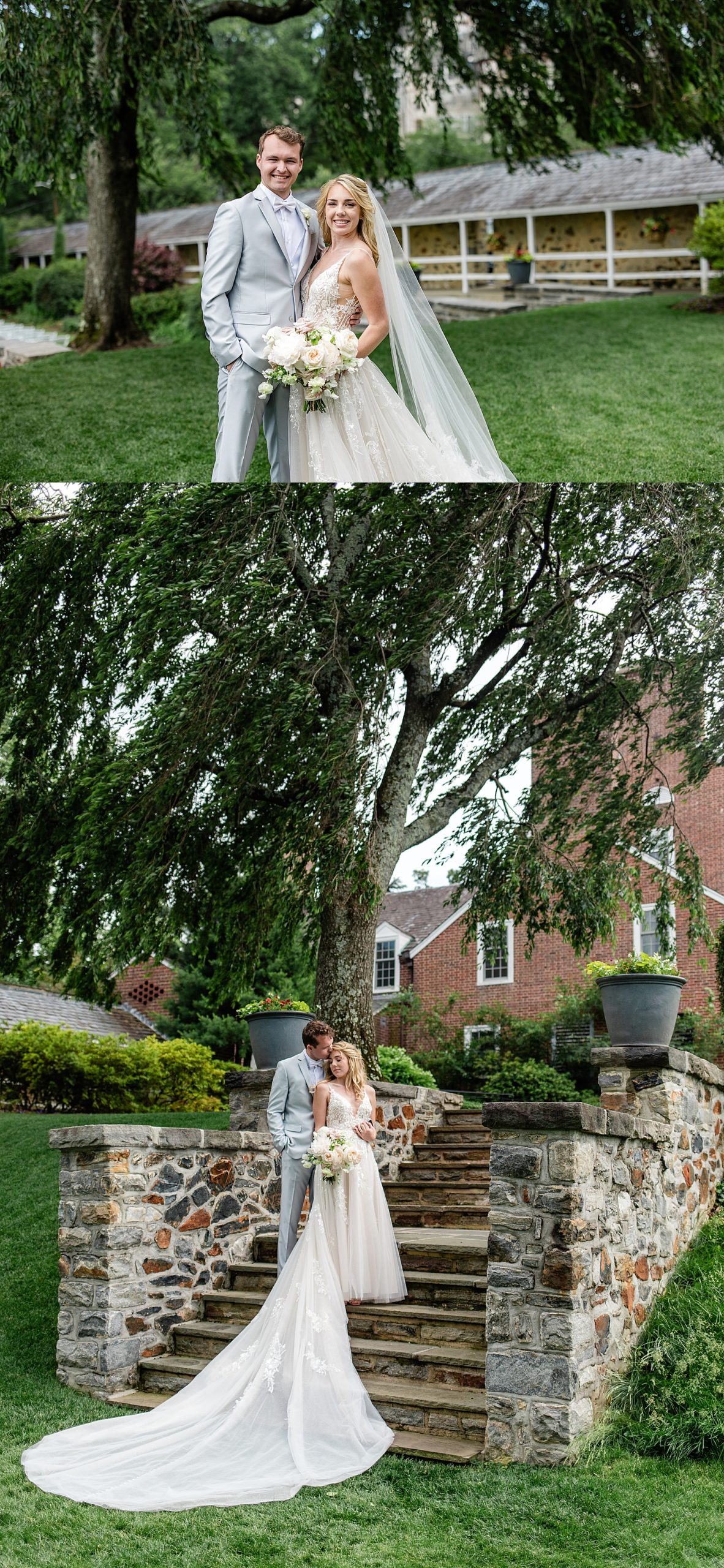 couple embraces on steps of Baltimore Country Club