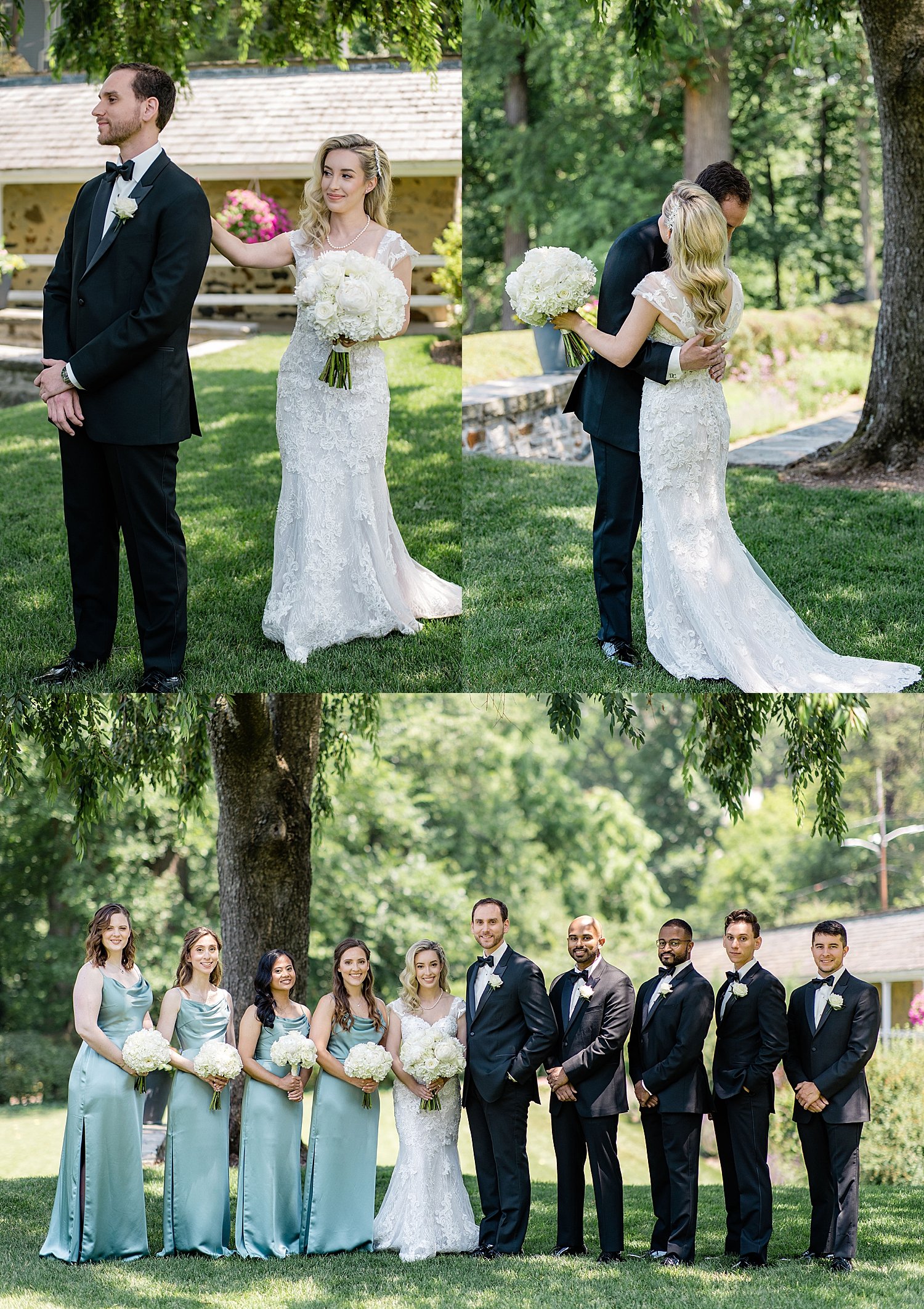 woman approaches groom for first look by Maryland wedding photographer