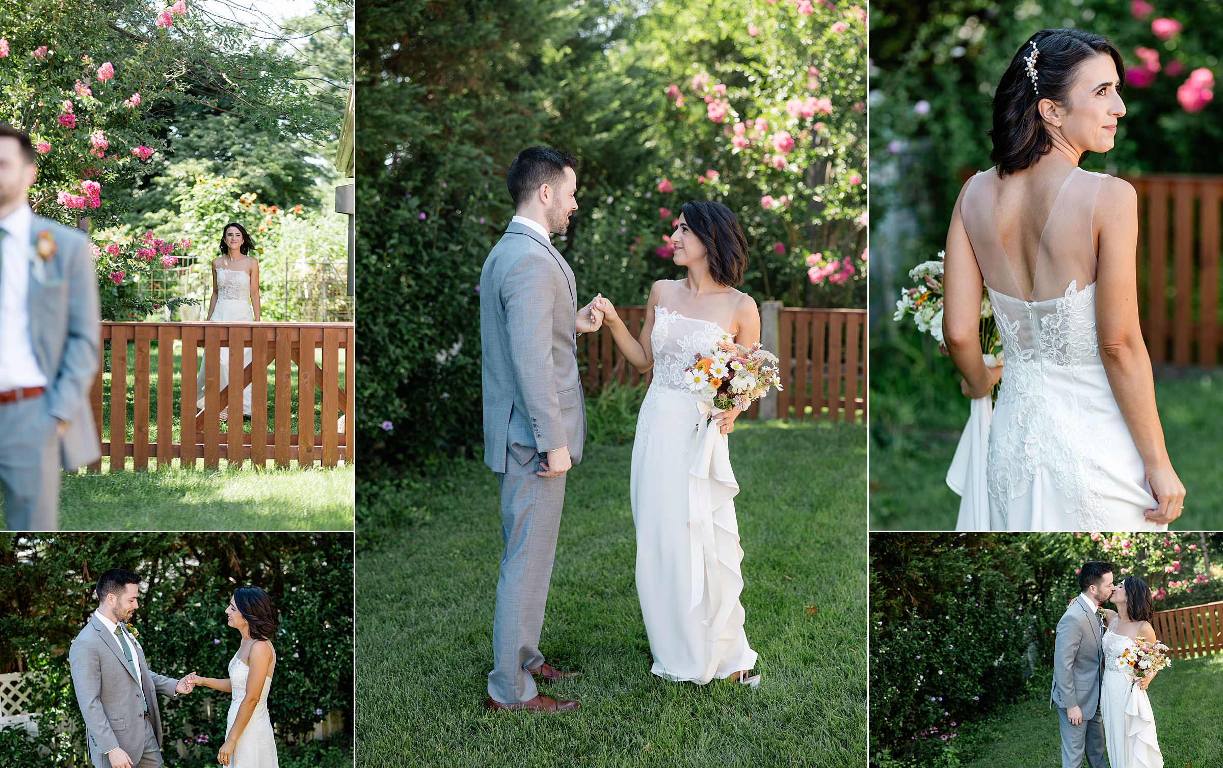 A bride and groom during their first look in a Baltimore garden setting.