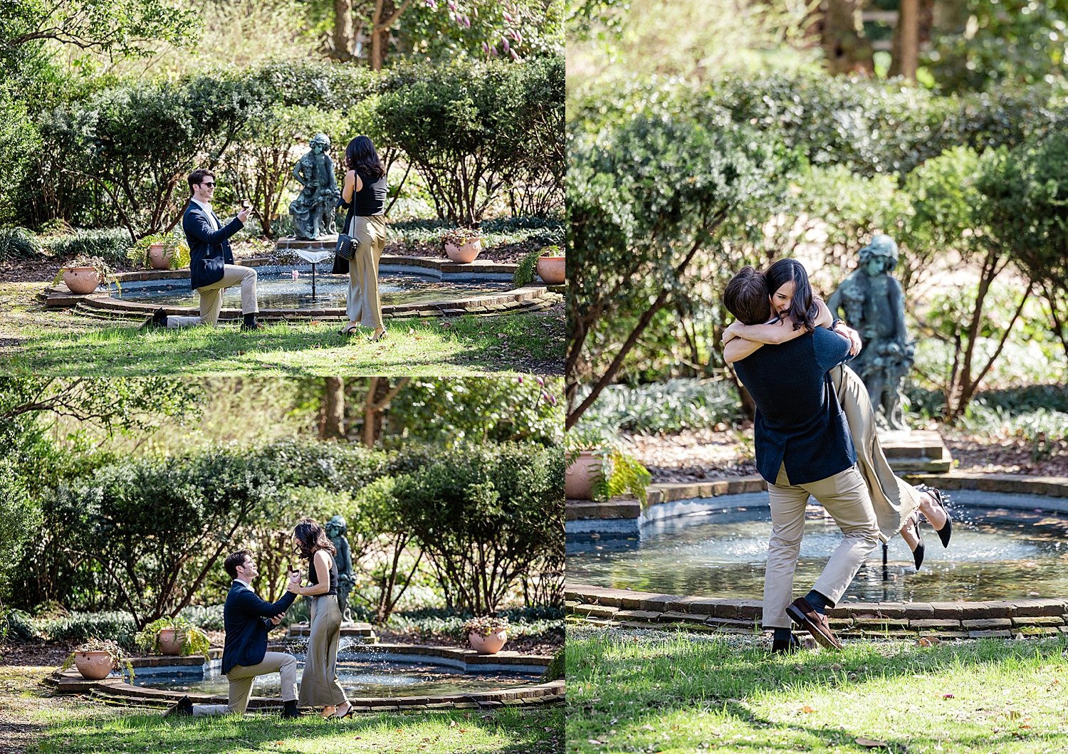 man is on bended knee in garden for proposal photos