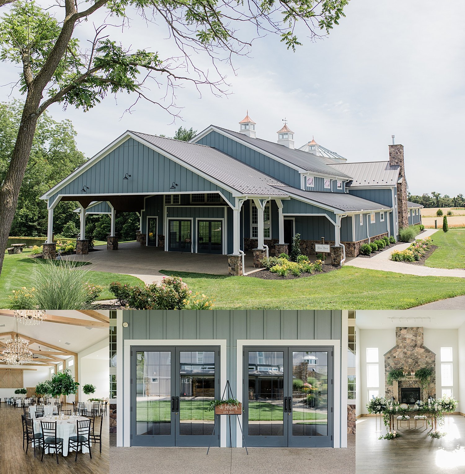 Large blue house in open green field at Rosewood Farm