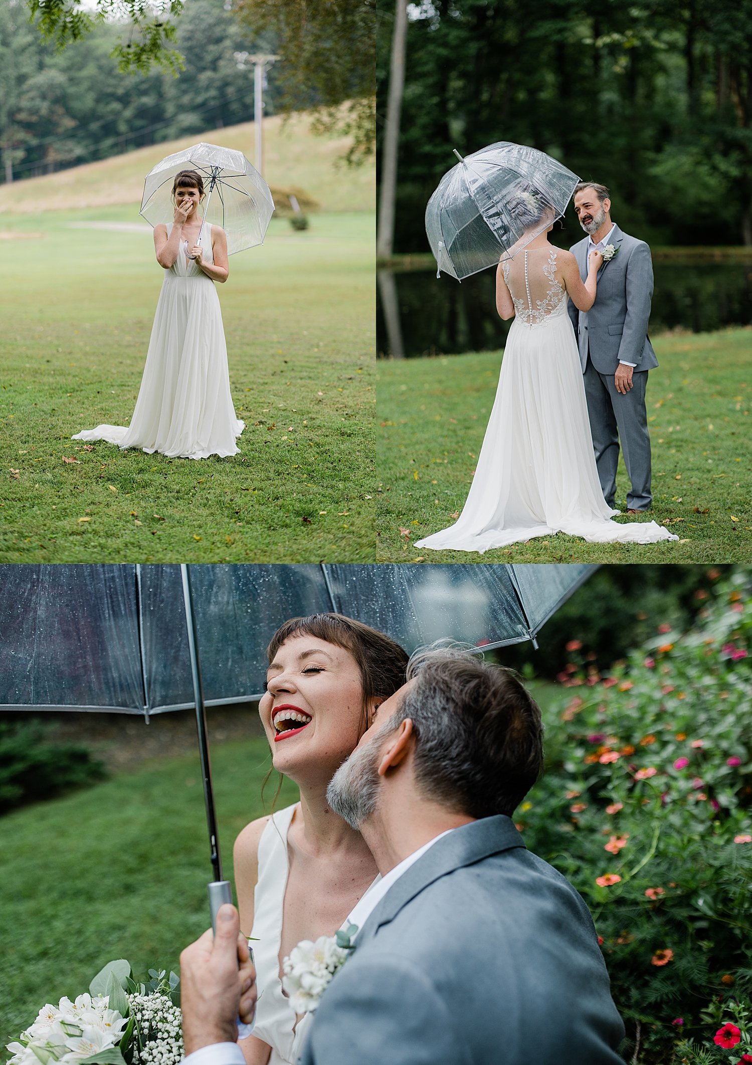 couple who loves candid photos laugh on lawn during first look
