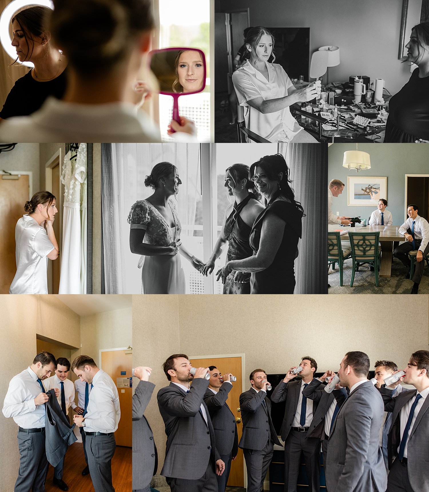 bride and groom get ready with their friends in seperate suites by Jen Harvey Photography