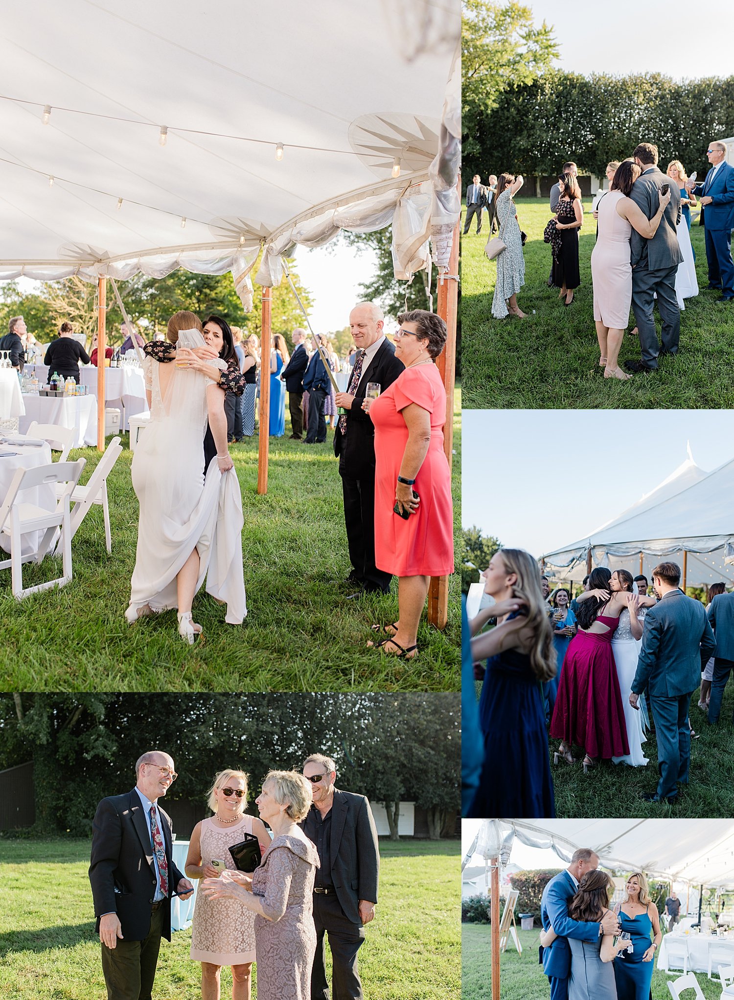 newlyweds arrive to outdoor cocktail hour with their friends by Jen Harvey Photography