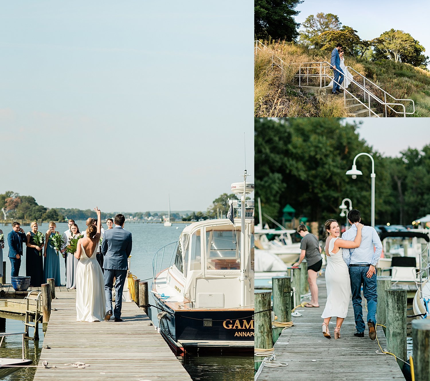 couple walks down dock towards friends for reception by Baltimore wedding photographer