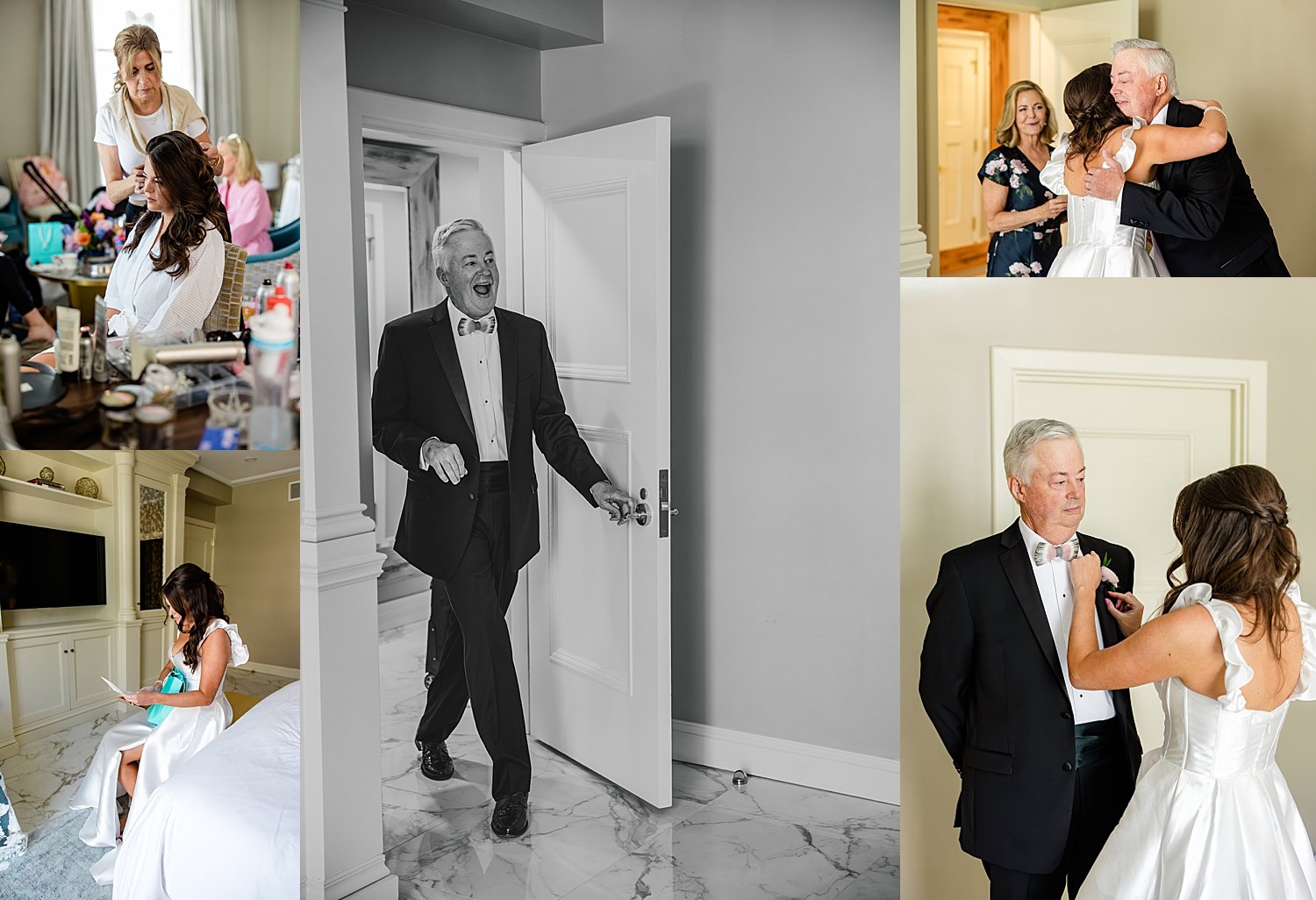 dad is full of joy seeing his daughter as a bride in the getting ready suite by Baltimore wedding photographer