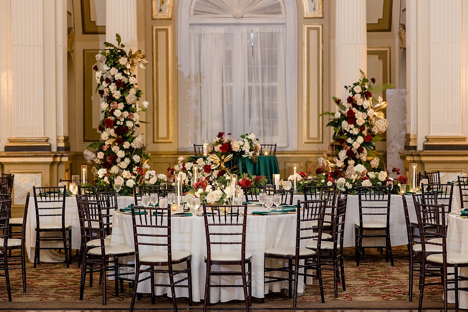 large tables set up for reception at The Belvedere