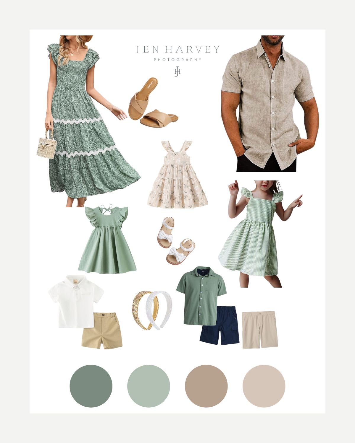 family photoshoot outfits ideas with sage green dresses, neutral tones, and linen textures for timeless outdoor family portraits