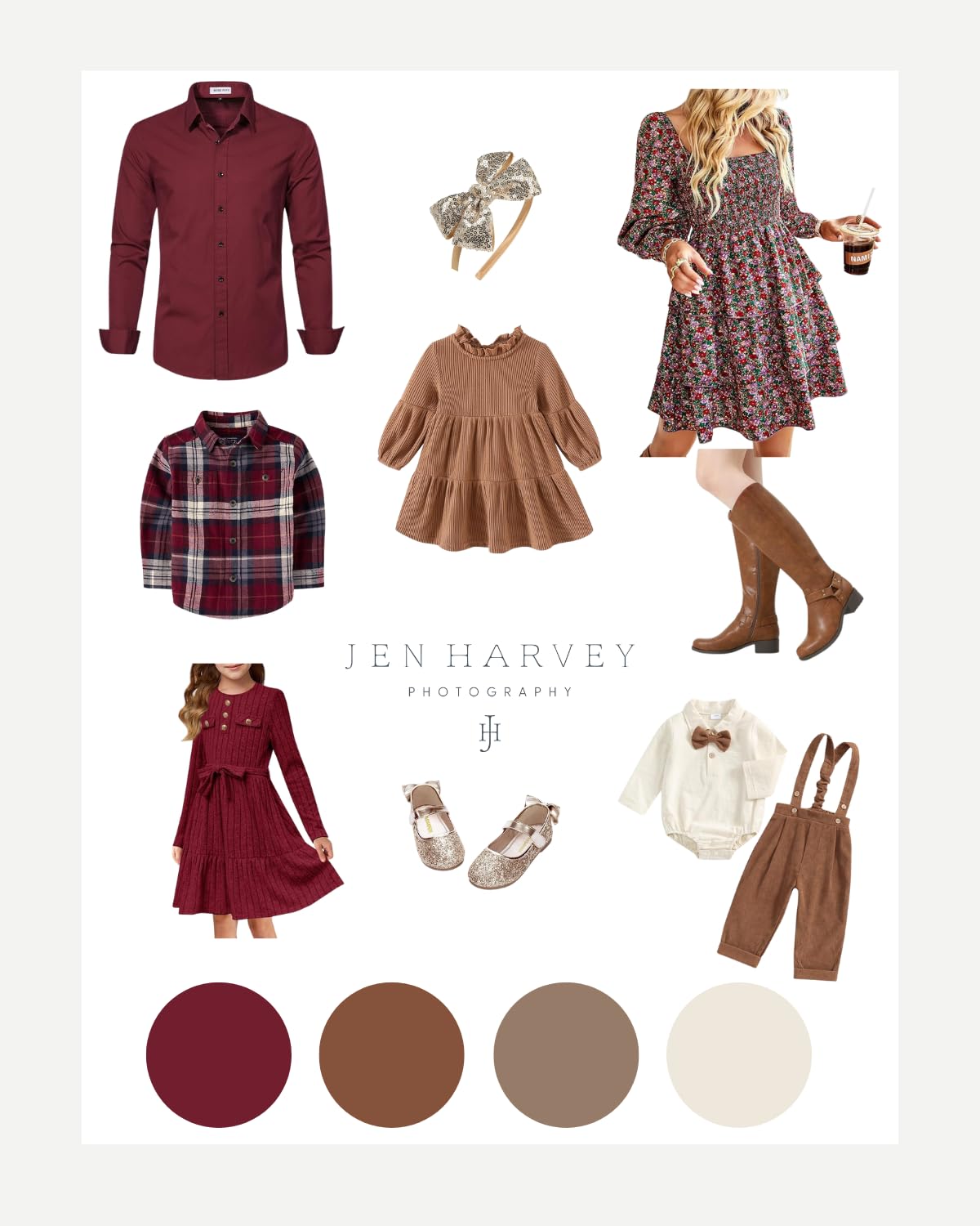 family photoshoot outfits ideas featuring burgundy, brown, and neutral tones for cozy fall family photo outfit inspiration