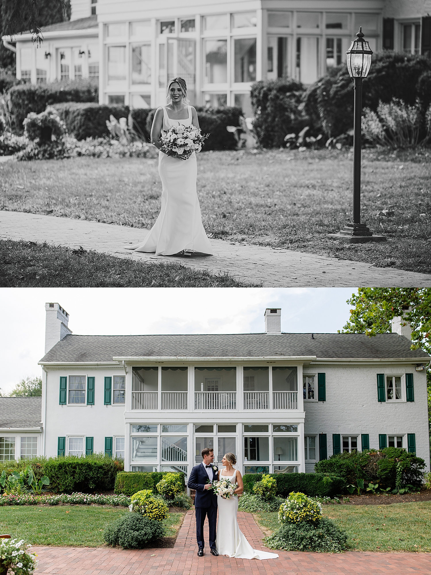 bride walks in front of manor house by Jen Harvey Photography