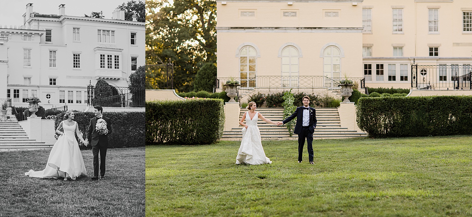 husband and wife stand on lawn in front of large estate by Jen Harvey Photography