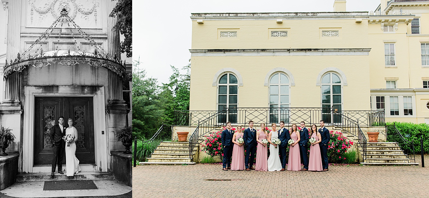 wedding party stands in front of historic manor by Jen Harvey Photography