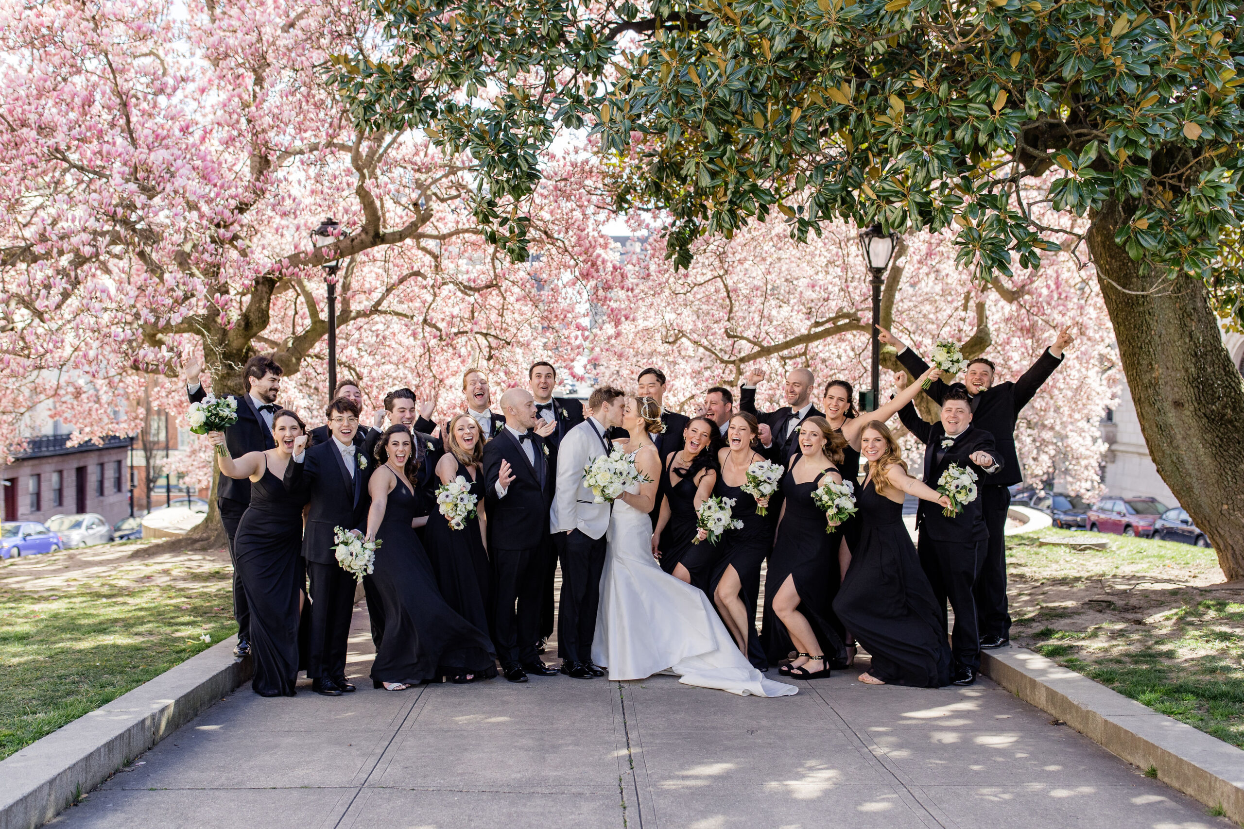 Baltimore photoshoot locations wedding party under cherry blossoms in Mount Verno