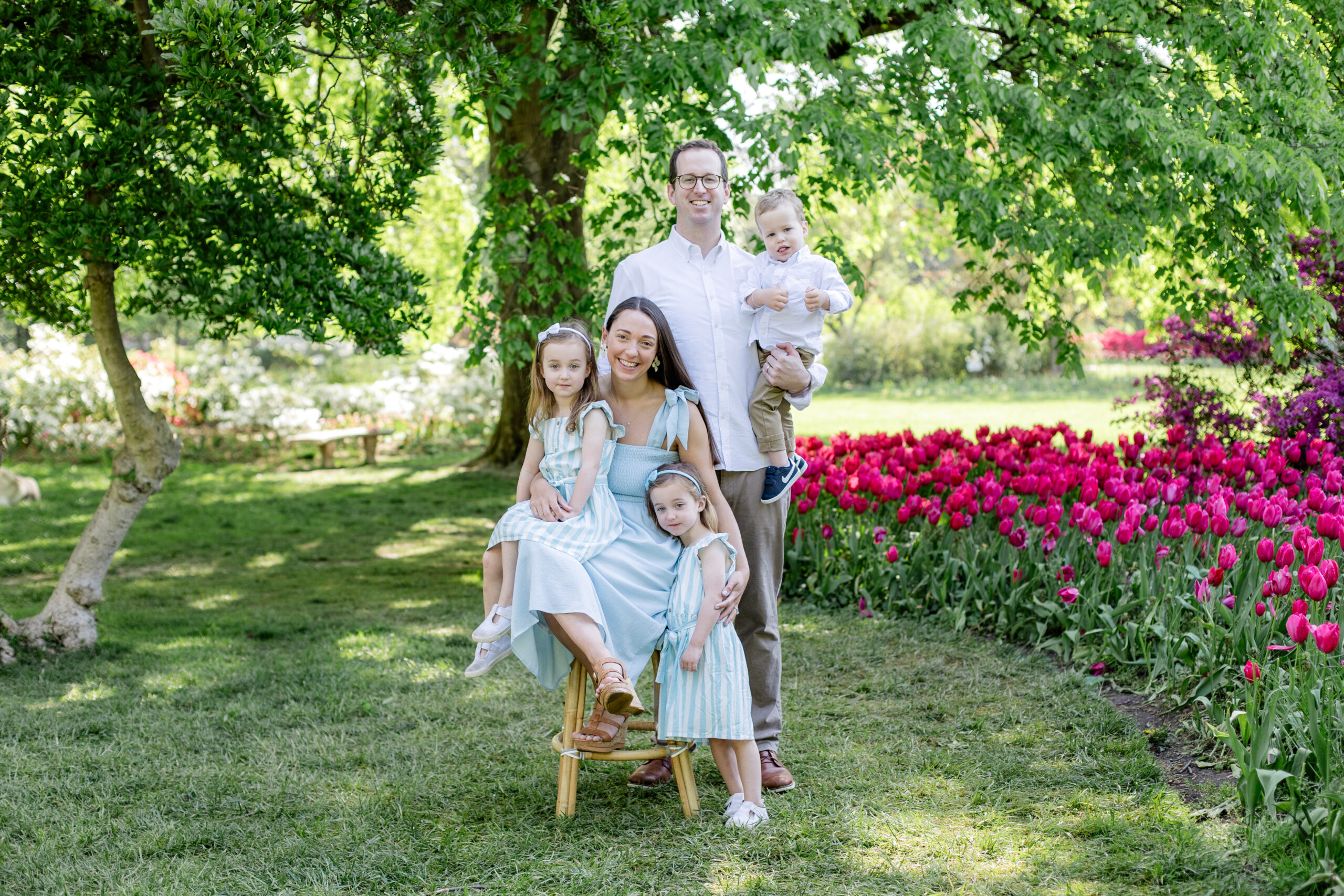 A family having a spring photoshoot at the sherwood gardens in baltimore