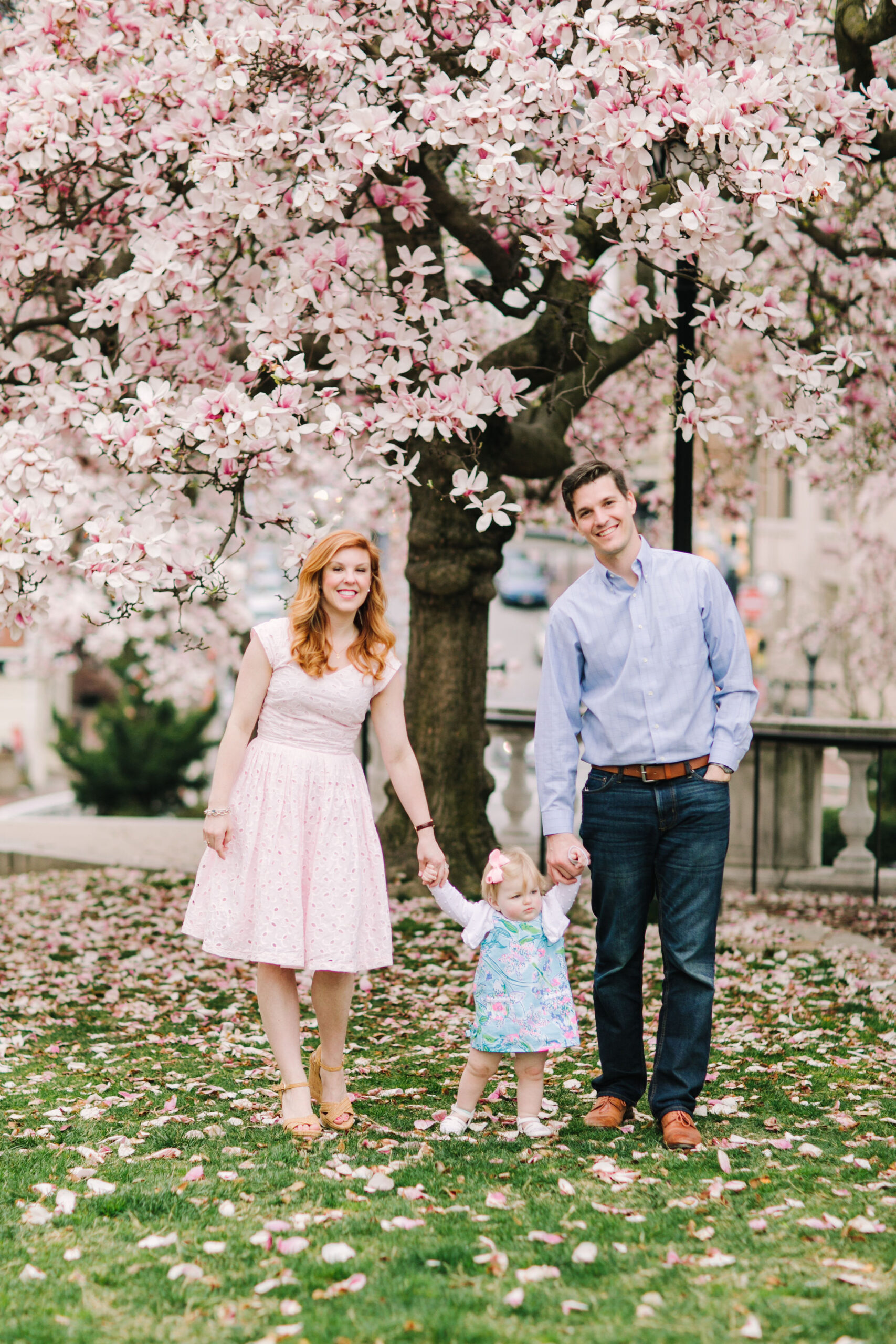 family standing under blooming pink flowers during spring session