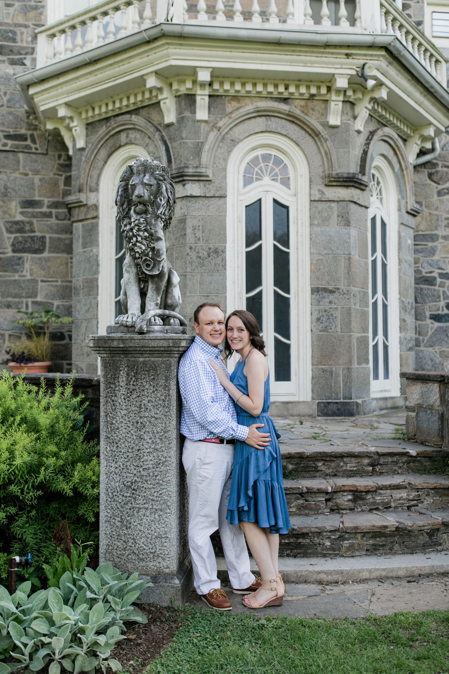 Historic mansion backdrop at Cylburn Arboretum for elegant engagement photos in Baltimore