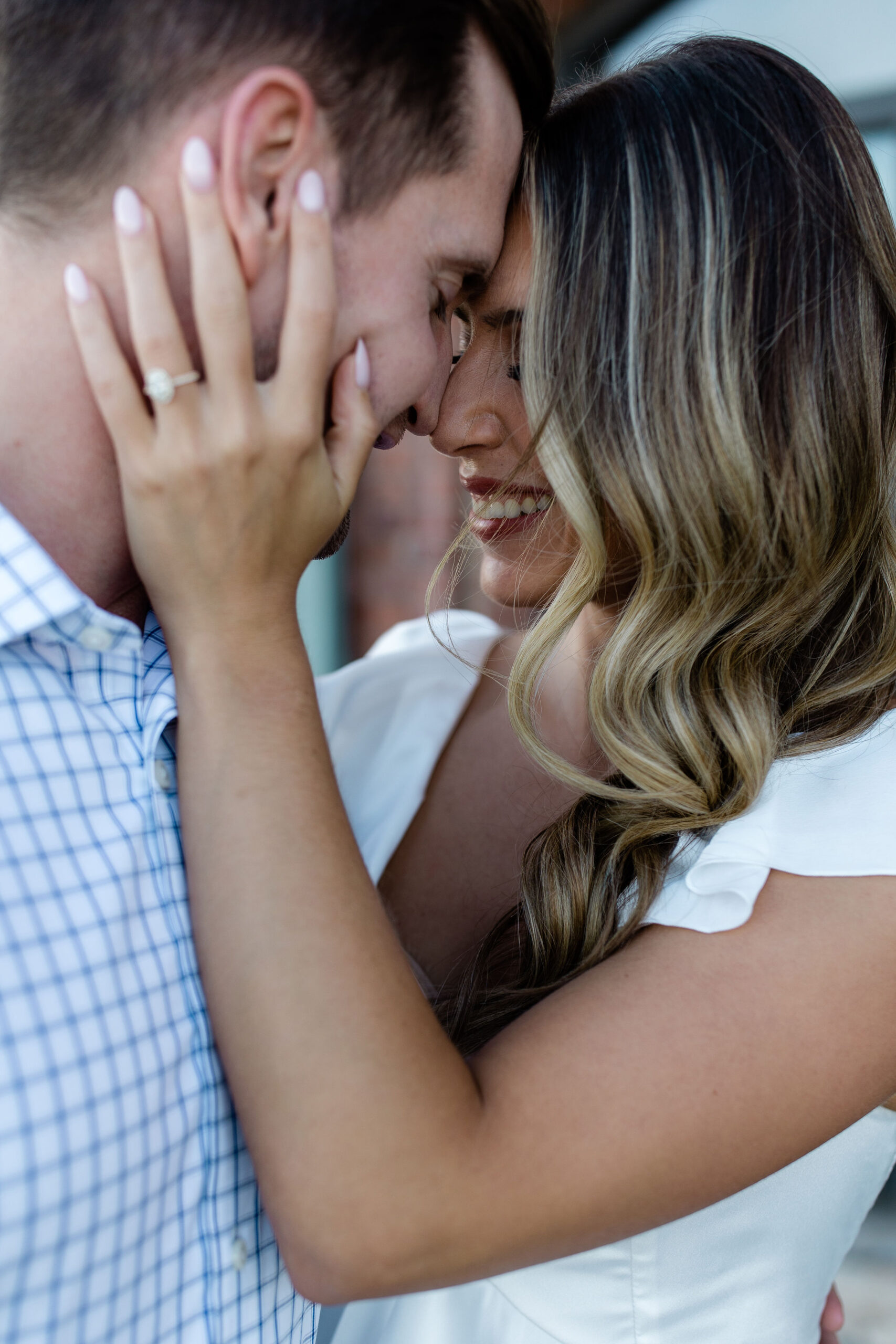 Close up engagement portrait with soft natural light and modern engagement outfit inspiration in Baltimore