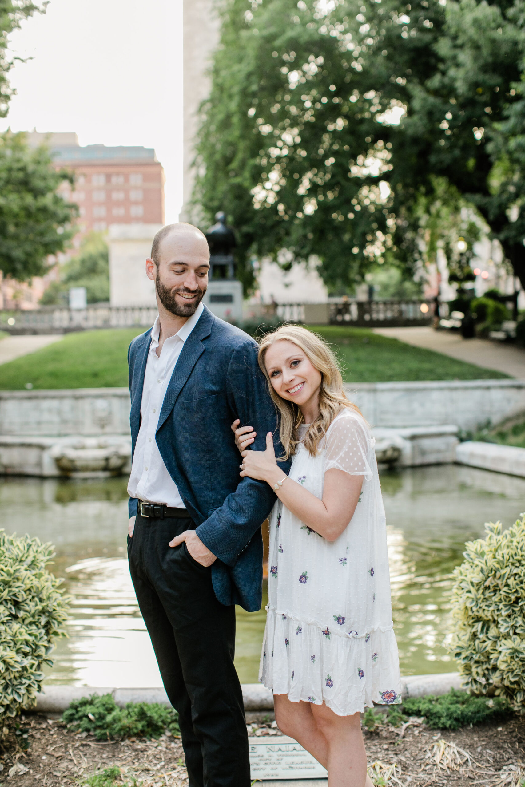 Mount Vernon engagement photos with fountain backdrop and elegant Baltimore city portrait inspiration