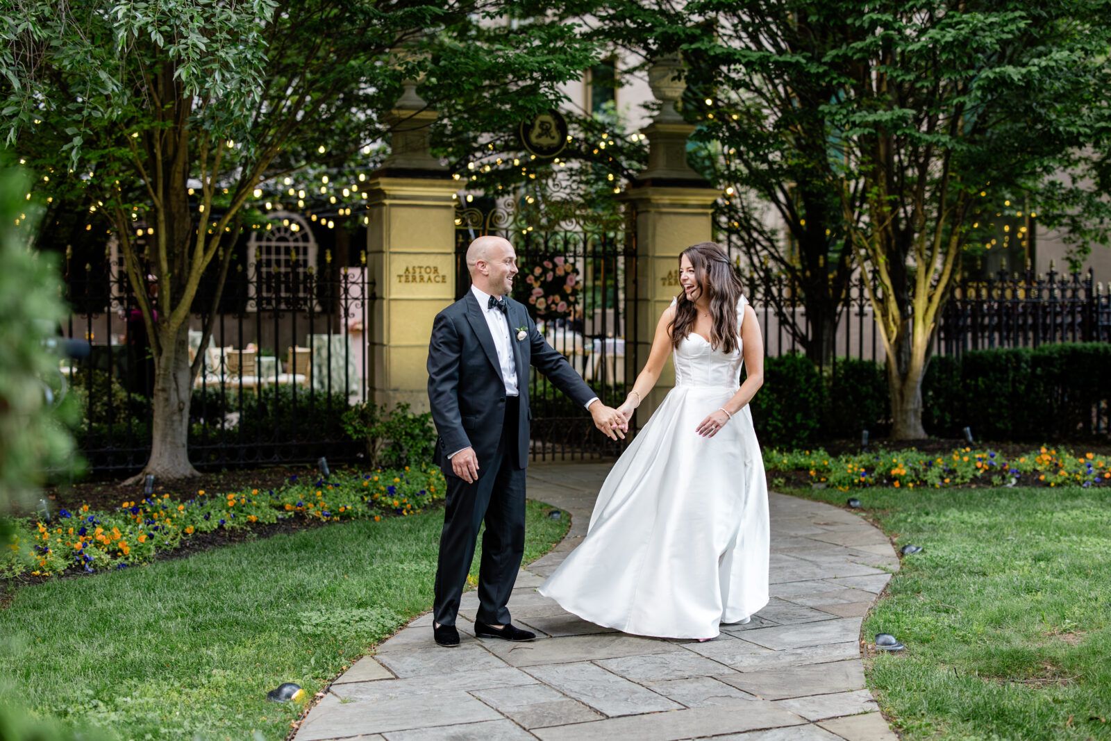 bride and groom potrait outside the st. regis washington dc