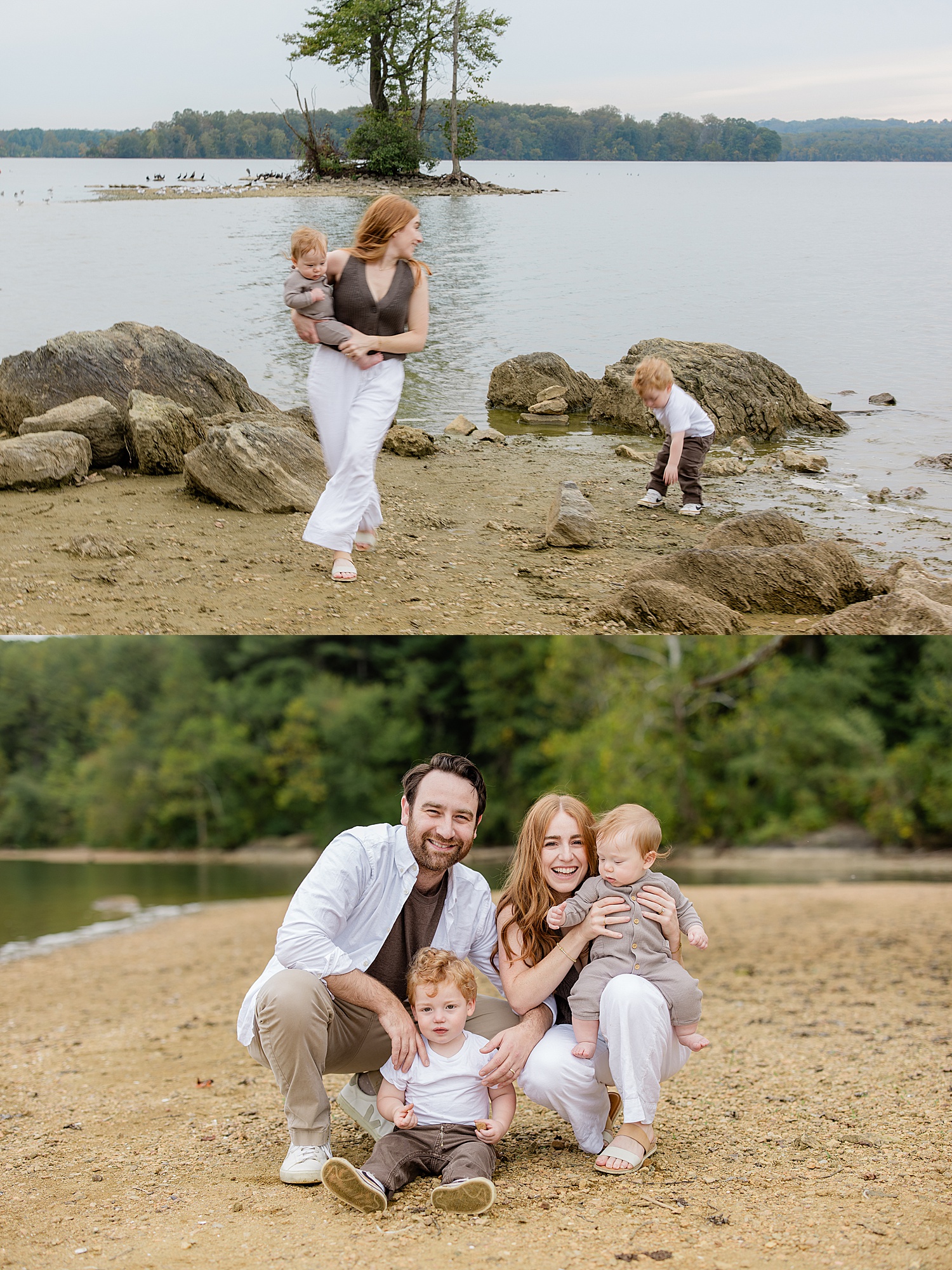 mom and dad play with kids near water in Sherwood Garden documenting young families