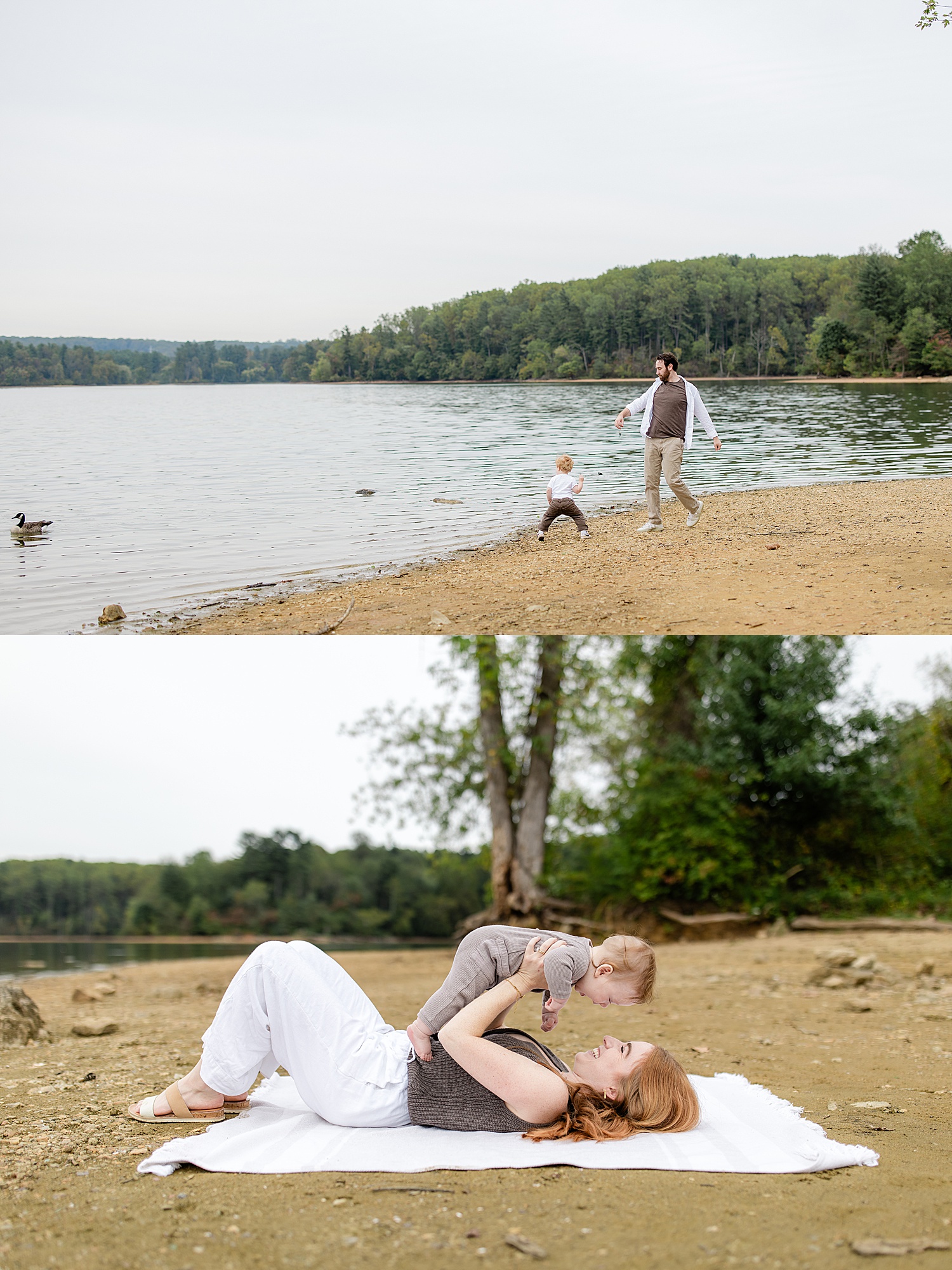 mom lies on blanket holding up her 1 year old by Baltimore family photographer