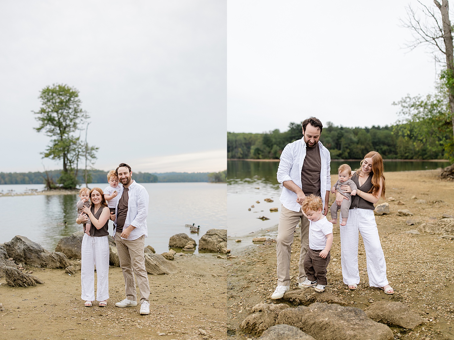 mom and dad stand next to water in Sherwood Garden documenting young families