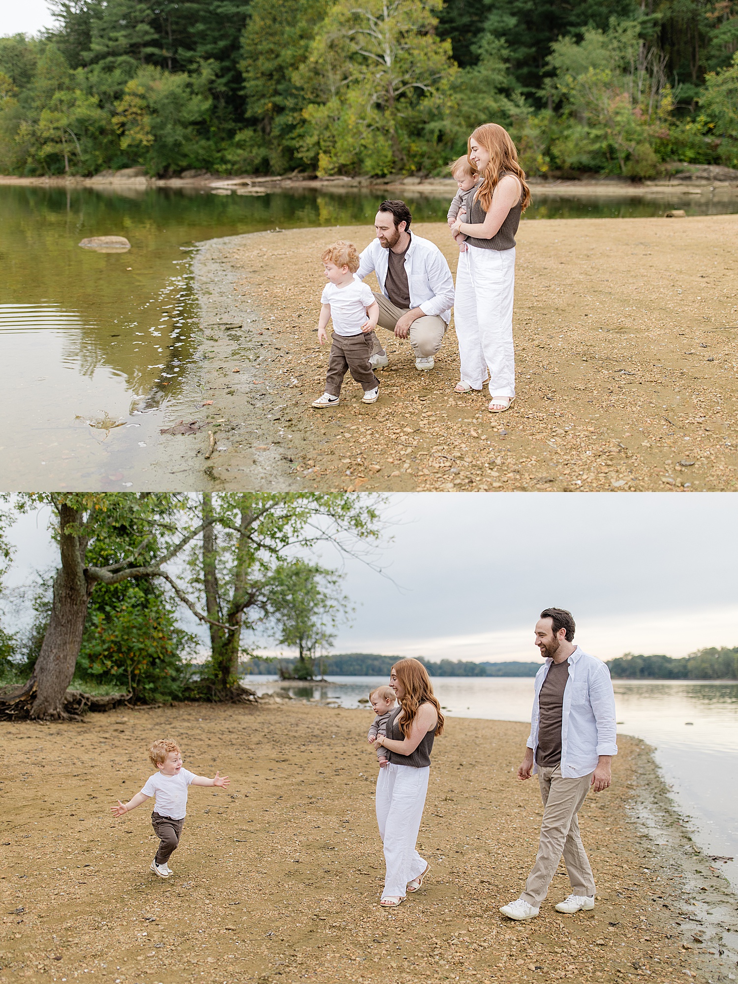 parents stand with toddlers near waterline by Baltimore family photographer