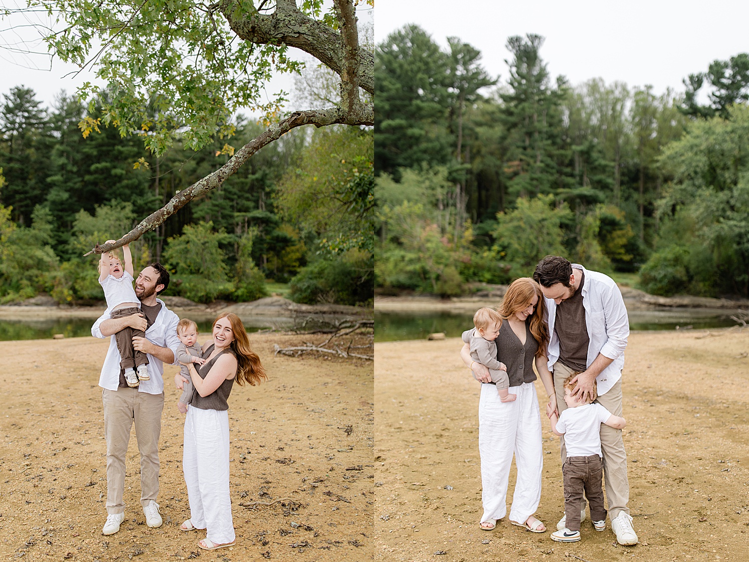 parents play with their kids near water in Sherwood Garden documenting young families