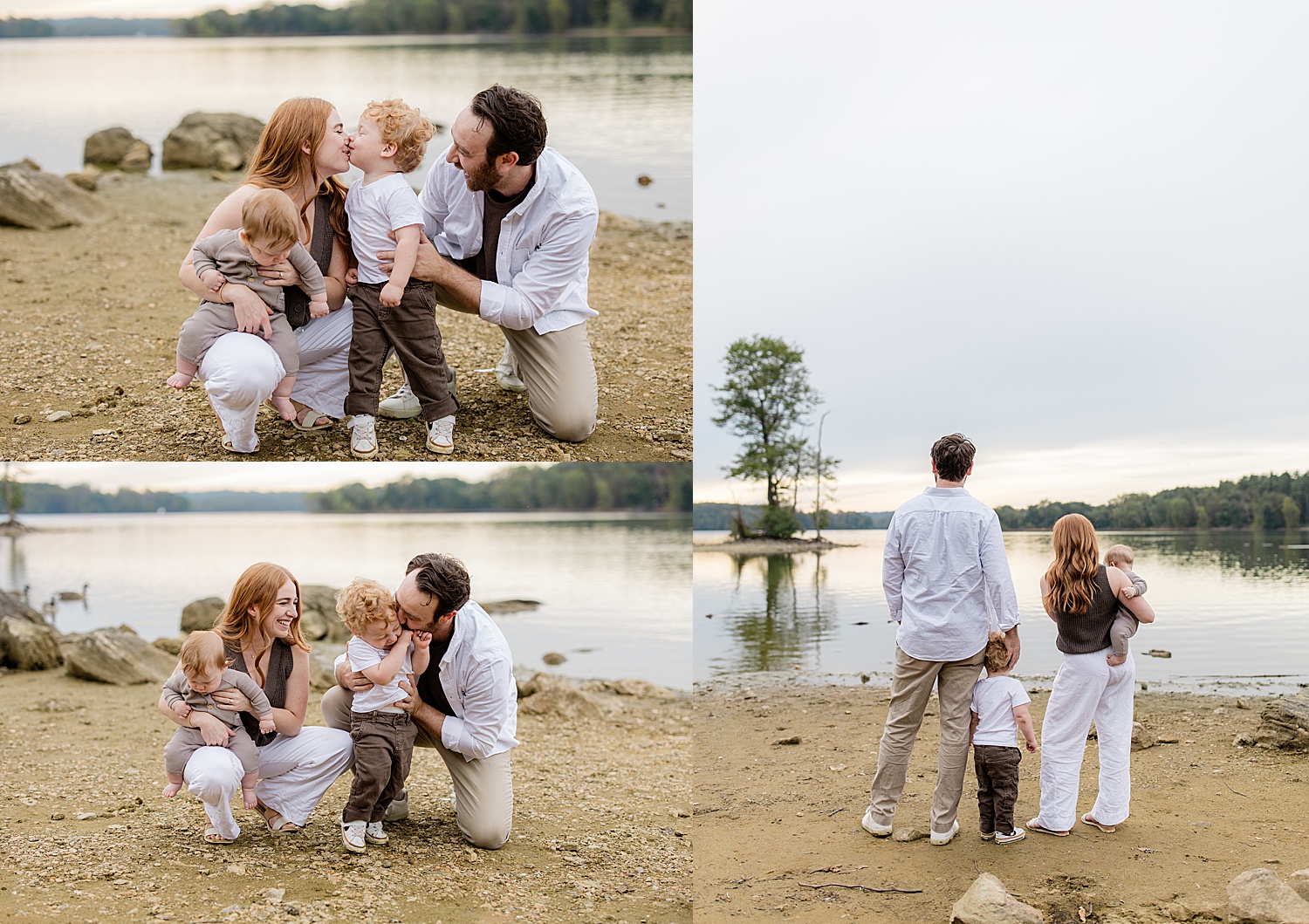 dad leans in to kiss his toddler by water by Jen Harvey Photography