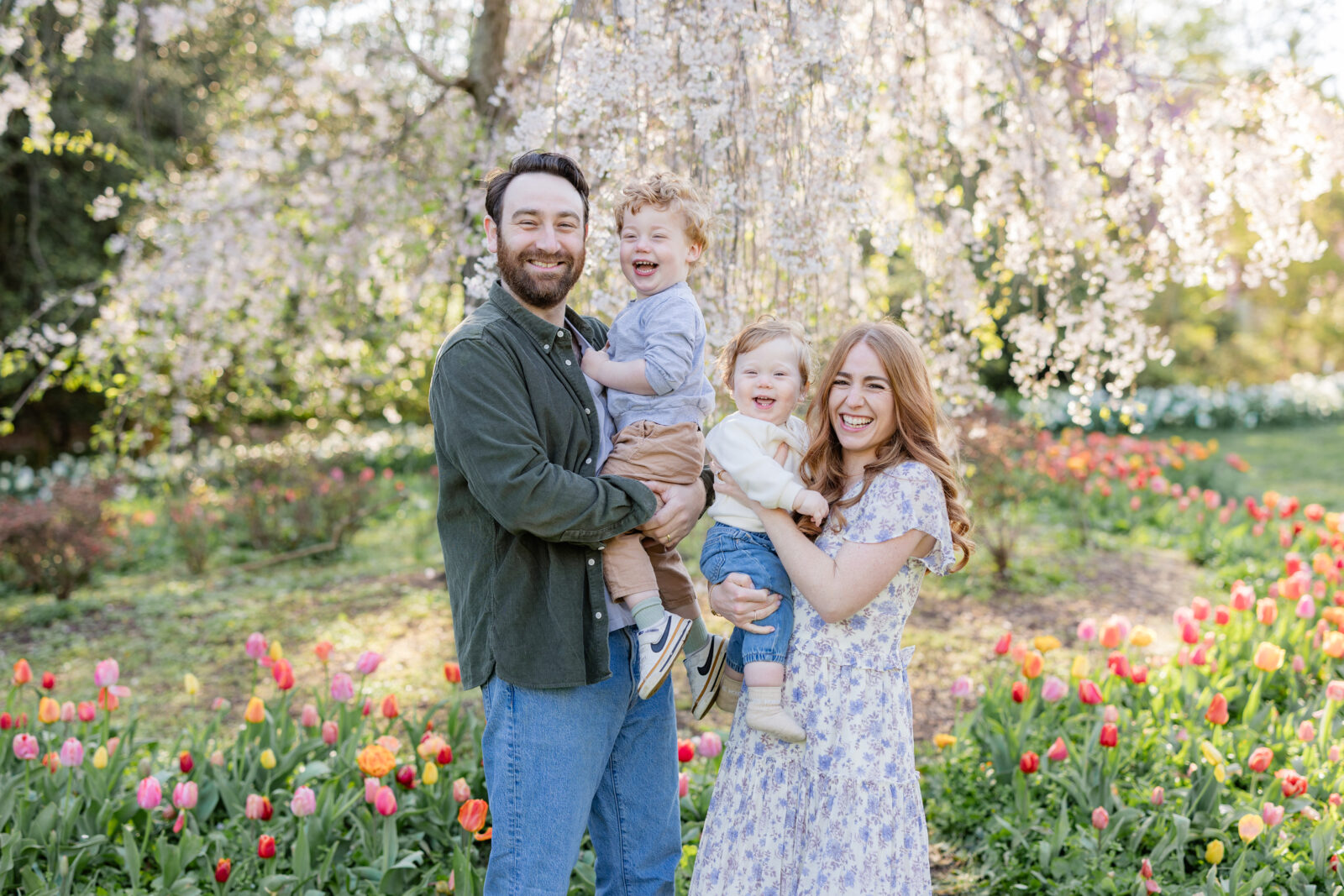 A family of four standing in a park in front of a garden of tulips captured by a Baltimore family photographer.