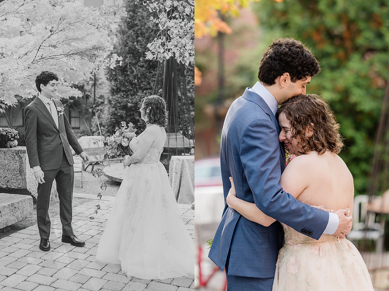 couple snuggles together closer outside by Baltimore wedding photographer