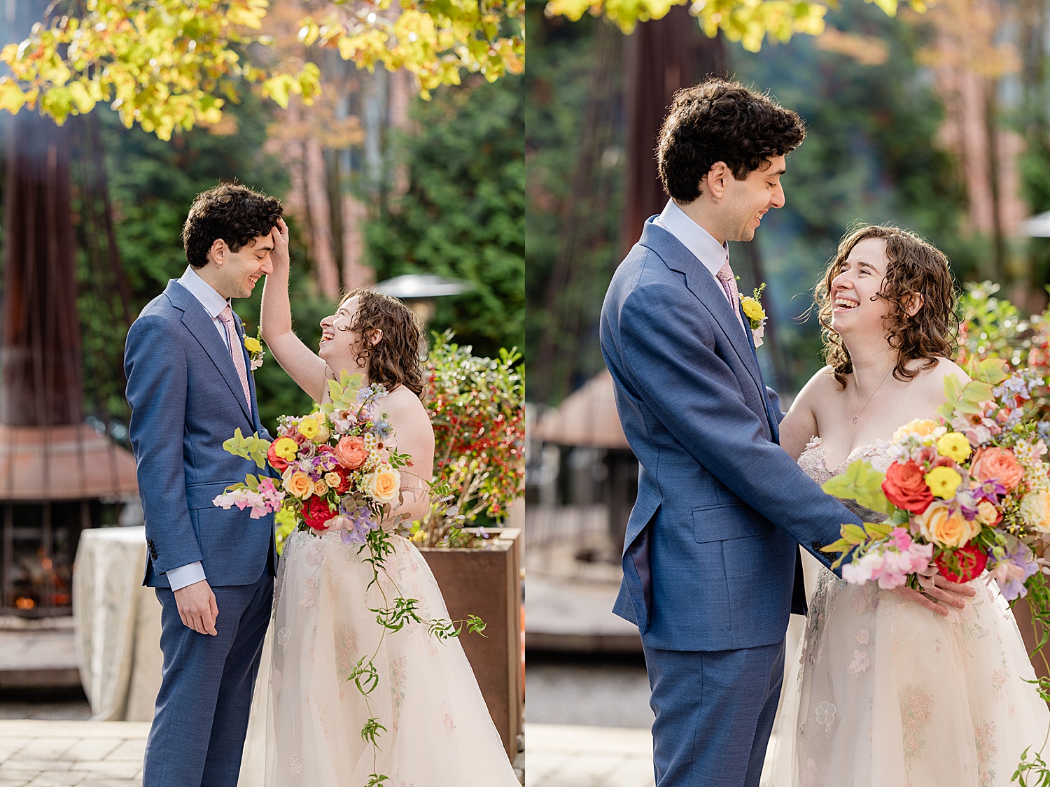 woman reaches up to adjust her groom's curly hair by Jen Harvey Photography