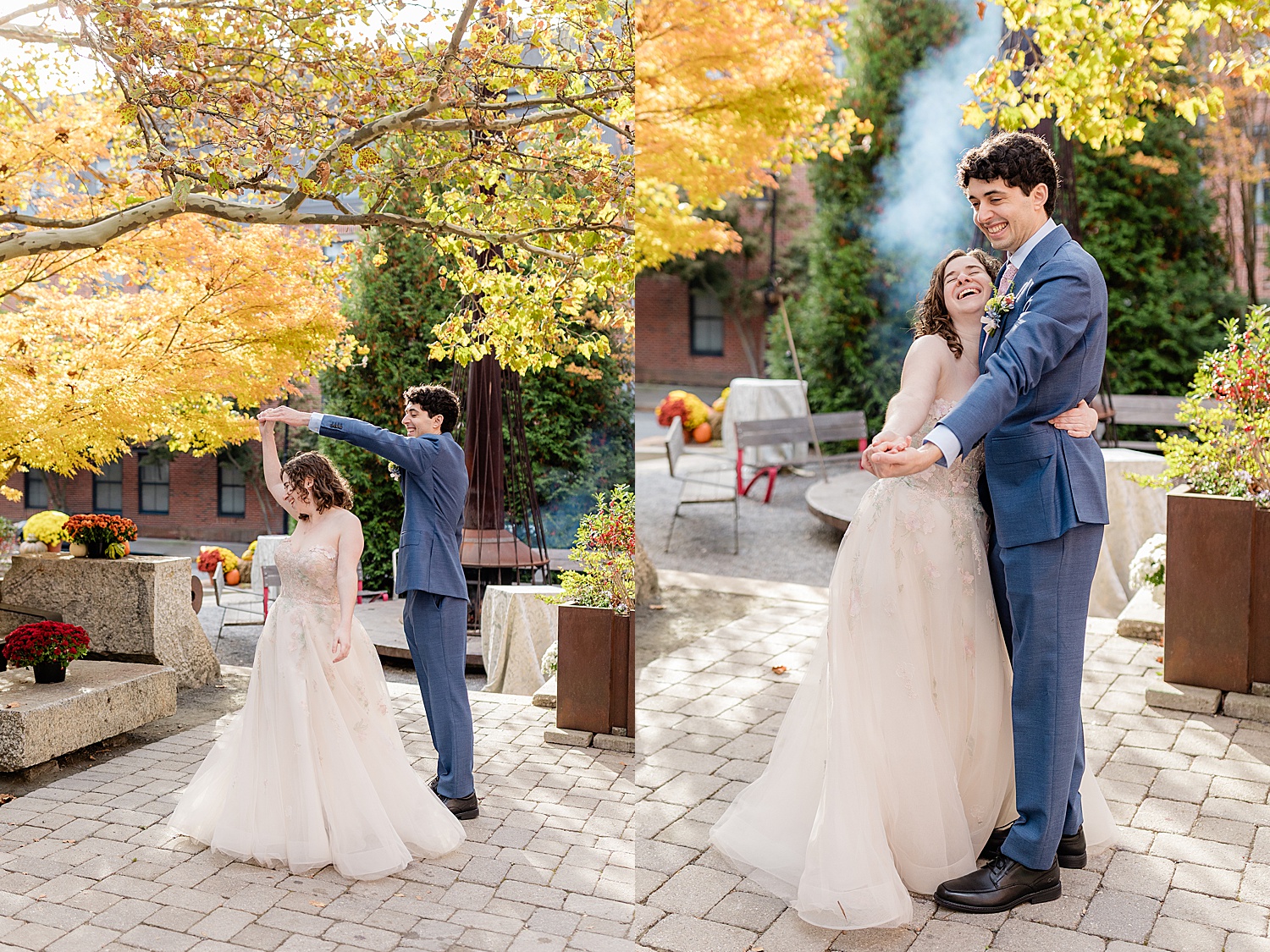 husband spins his new wife in courtyard by Baltimore wedding photographer