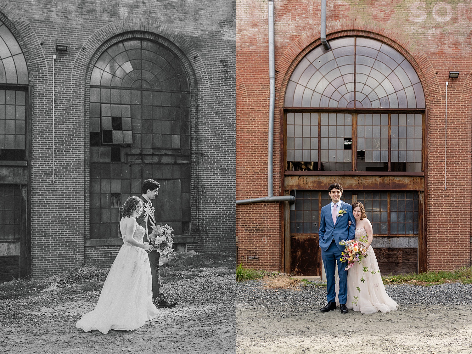 man and woman walk together in front of old arch window by Jen Harvey Photography