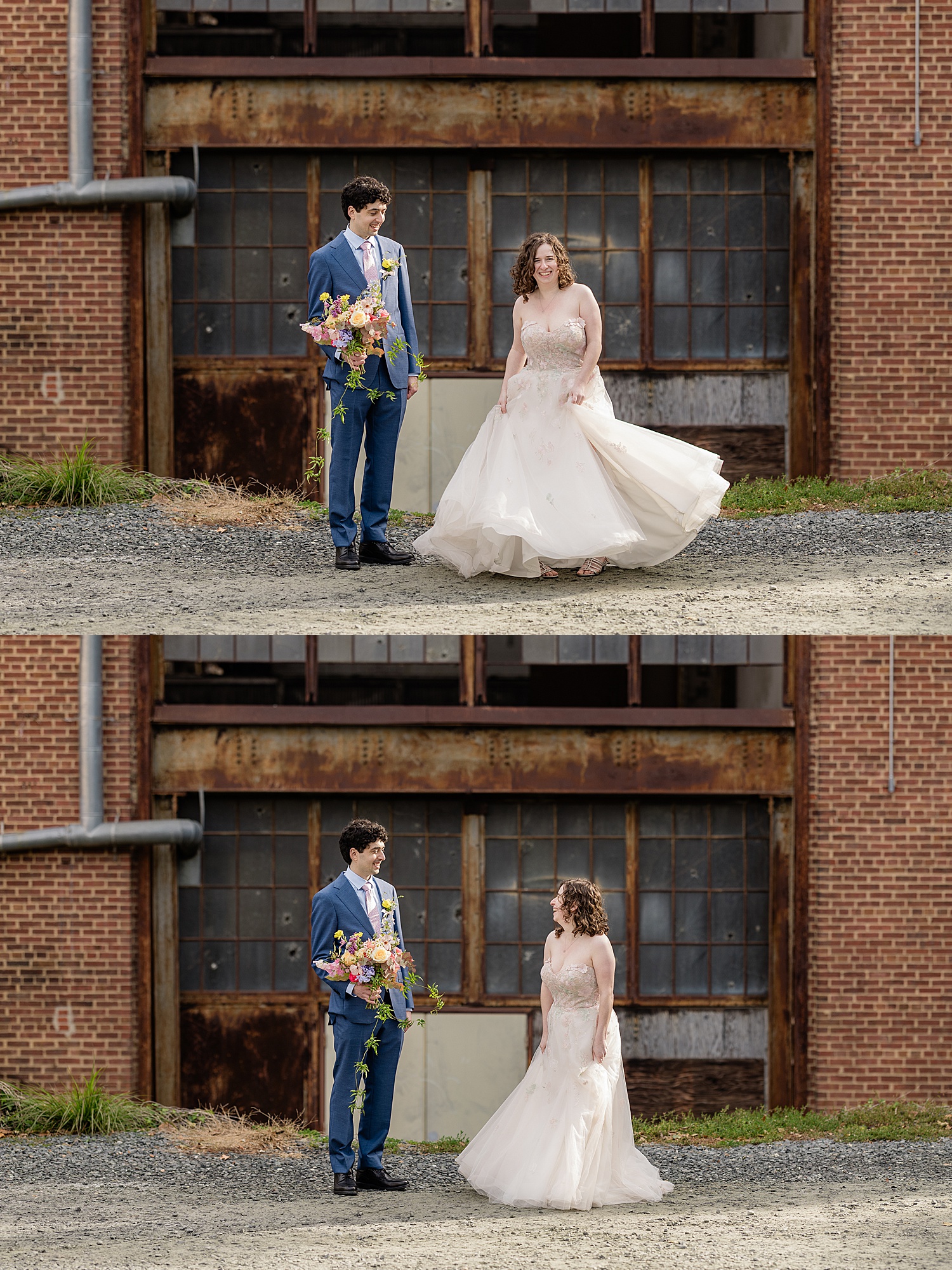 bride twirls next to her man outside at Woodberry Kitchen