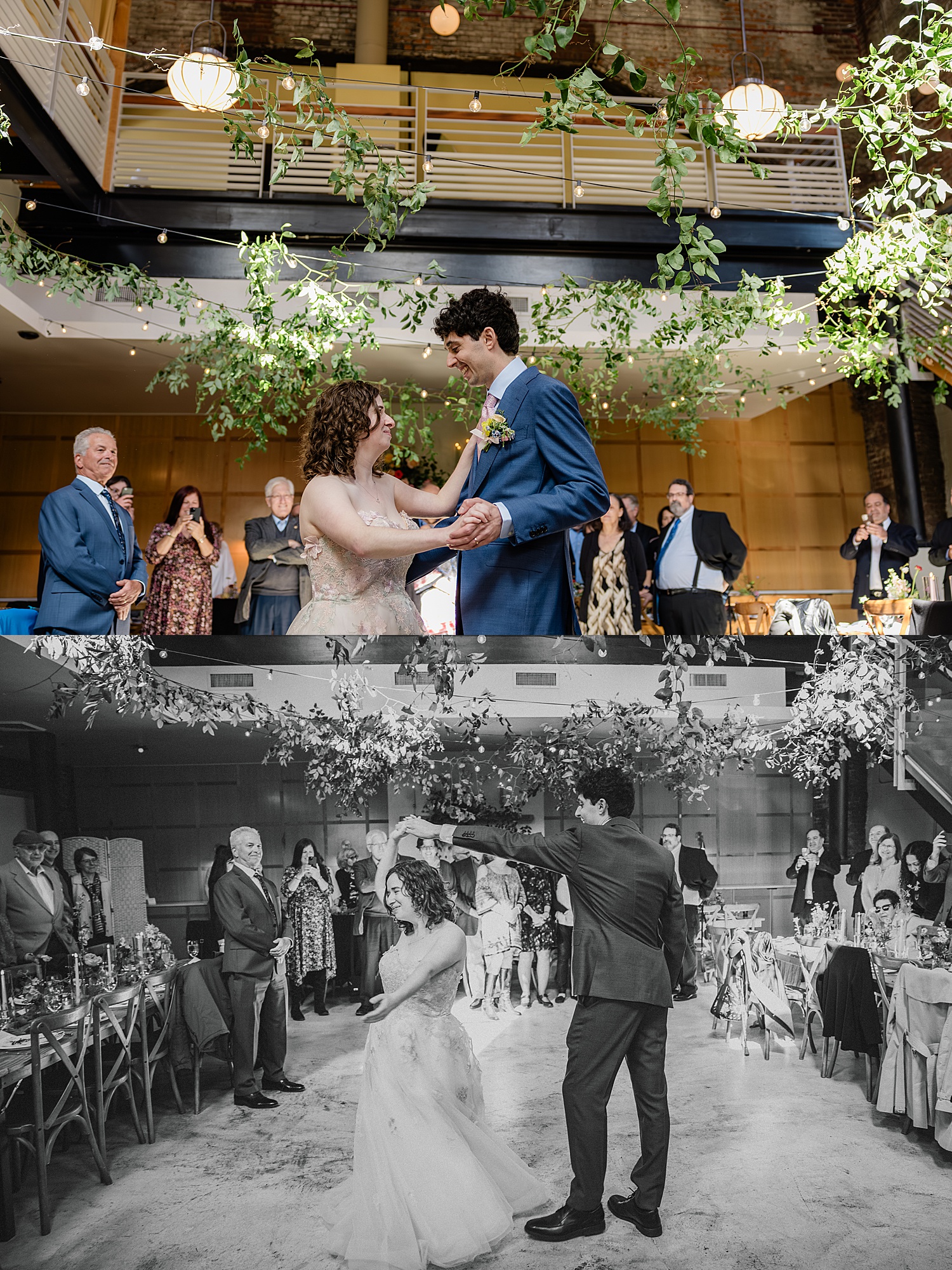 couple dance in front of their guest with ivy overhead by Jen Harvey Photography