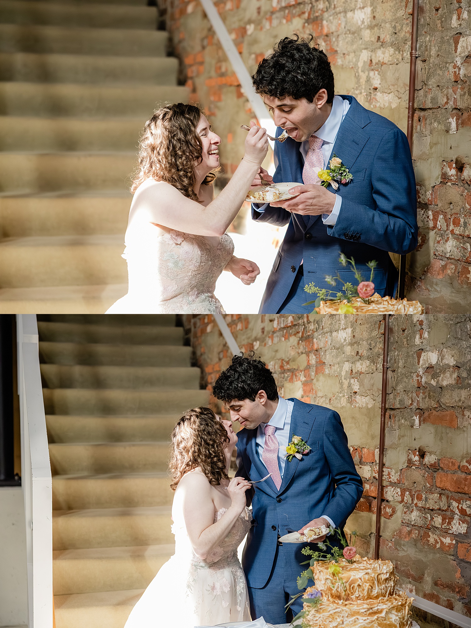 wife feeds her new husband reception cake by Baltimore wedding photographer