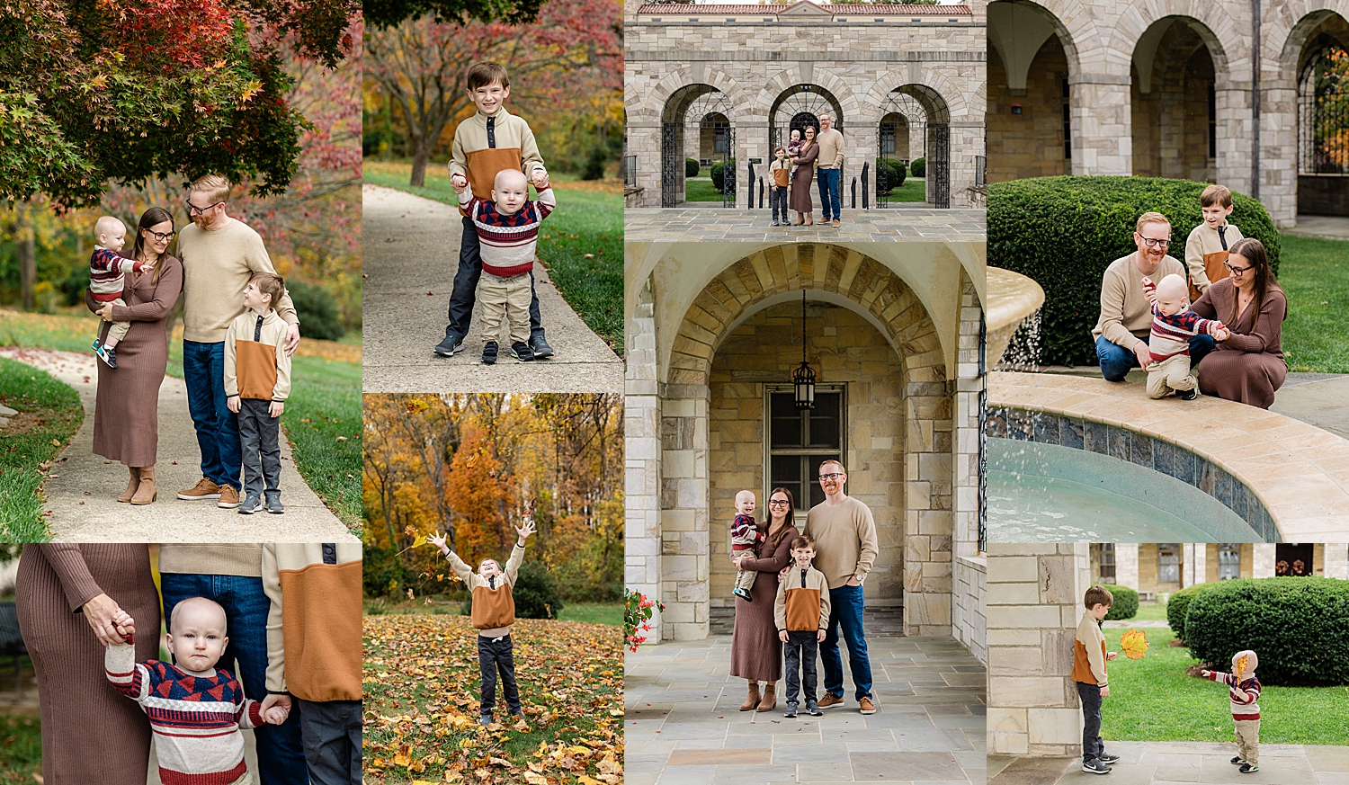 four people stand together on Fall lawn after deciding on a mini vs full family session