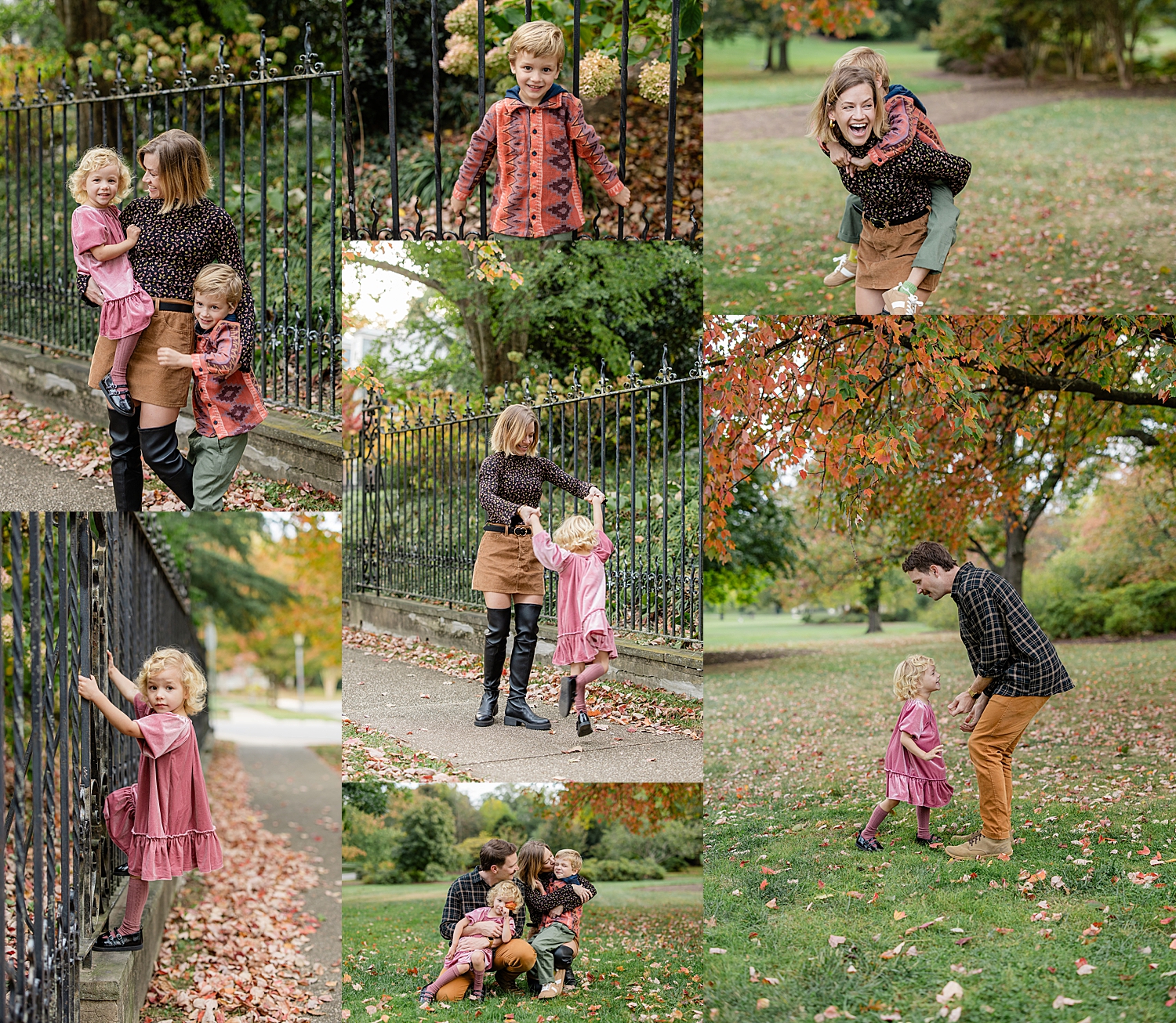 mom dances with kids on sidewalk in Fall leaves by Baltimore photographer