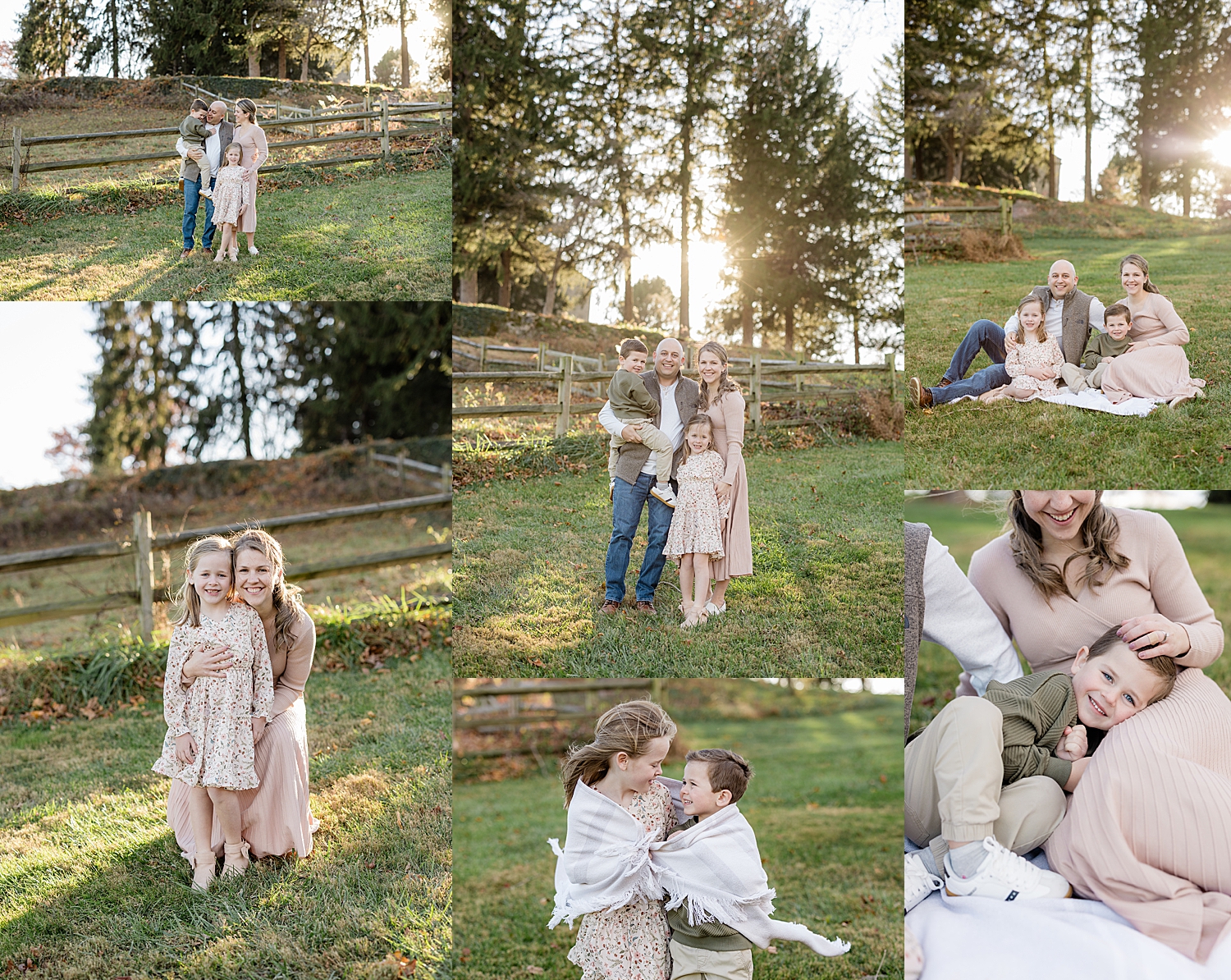parents snuggle with their kids on lawn in golden hour by Jen Harvey Photography
