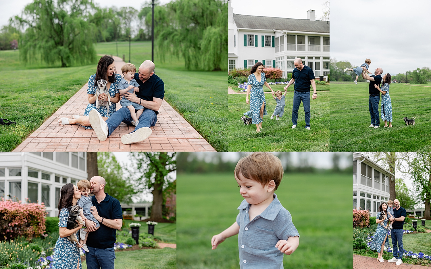 parents and their toddler and dog in front of house after deciding on a mini vs full family session