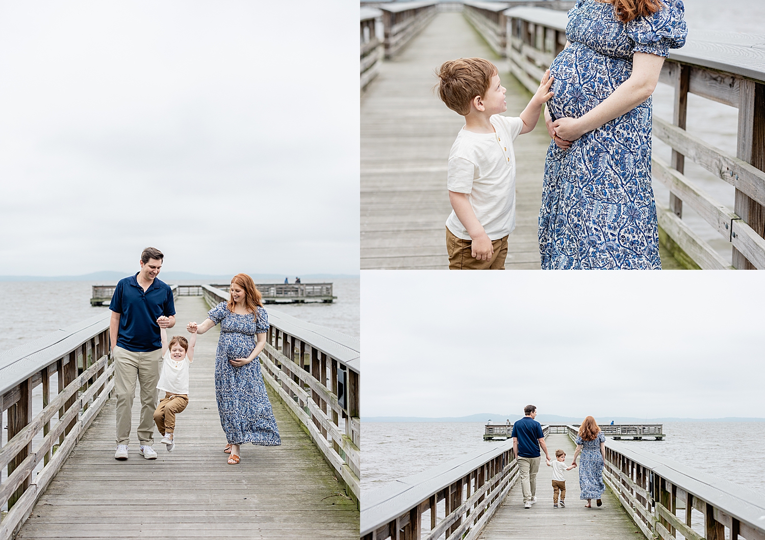 expecting mama shows her belly to toddler on dock by Baltimore photographer