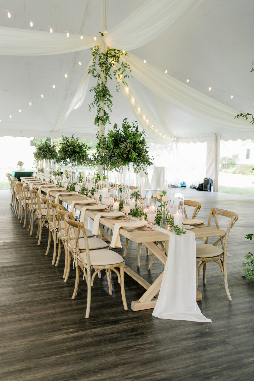 Reception table decorated with florals and napkins