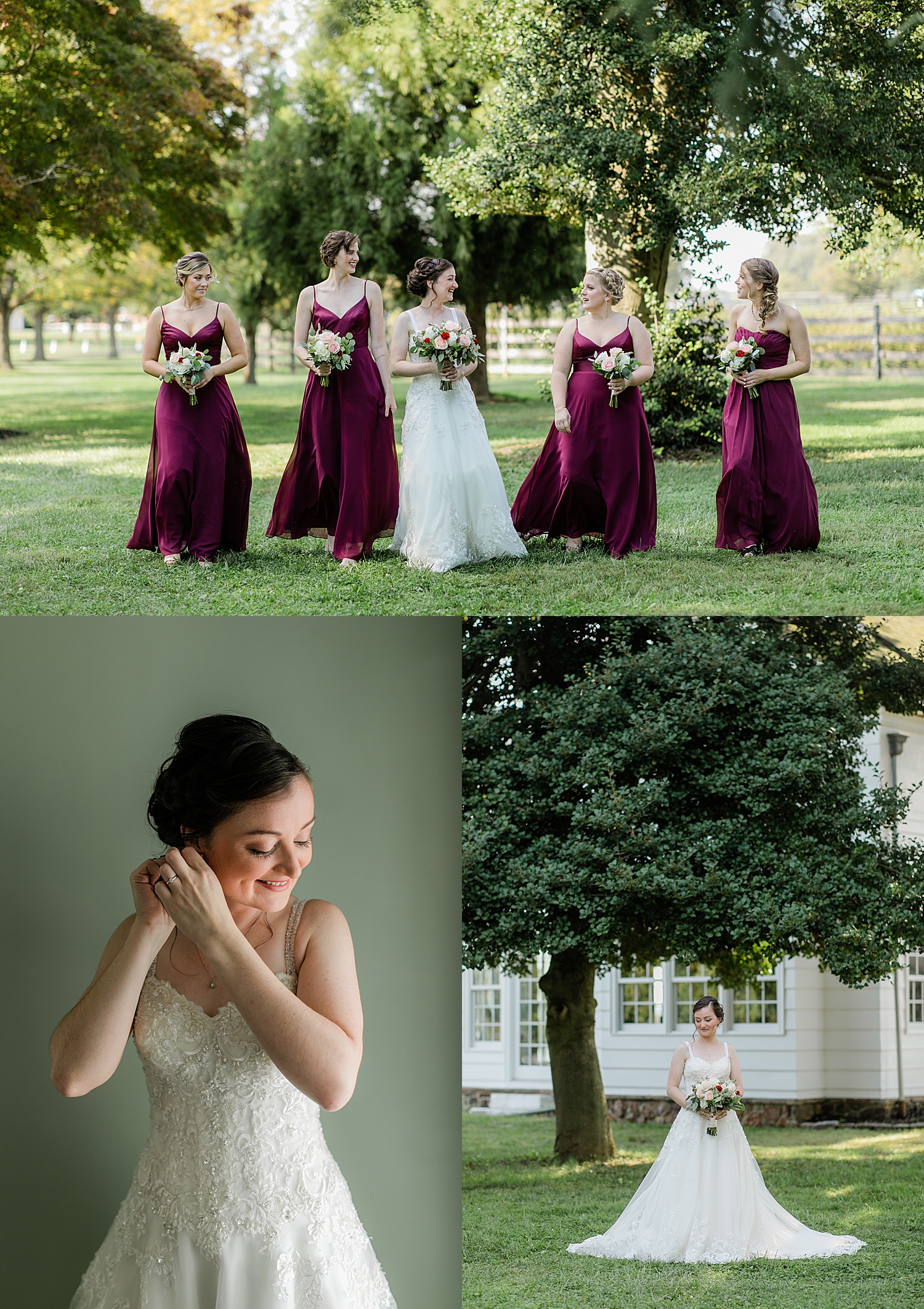 bridesmaids in wine red dresses walk with bride by Jen Harvey Photography