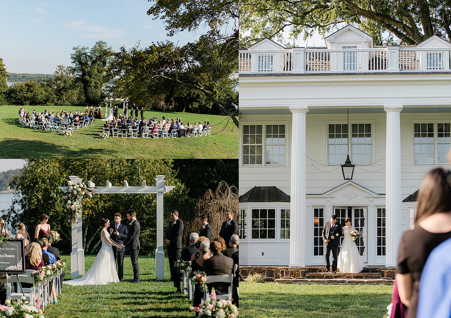 bride walks down outdoor aisle at Chesapeake Inn